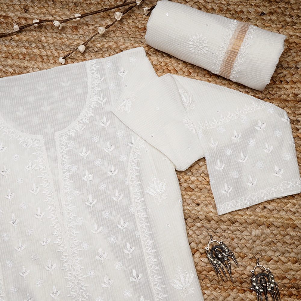White Color Handcrafted Chikankari Embroidered Pure Fancy Chanderi Unstitched Suit Set (Top & Dupatta)