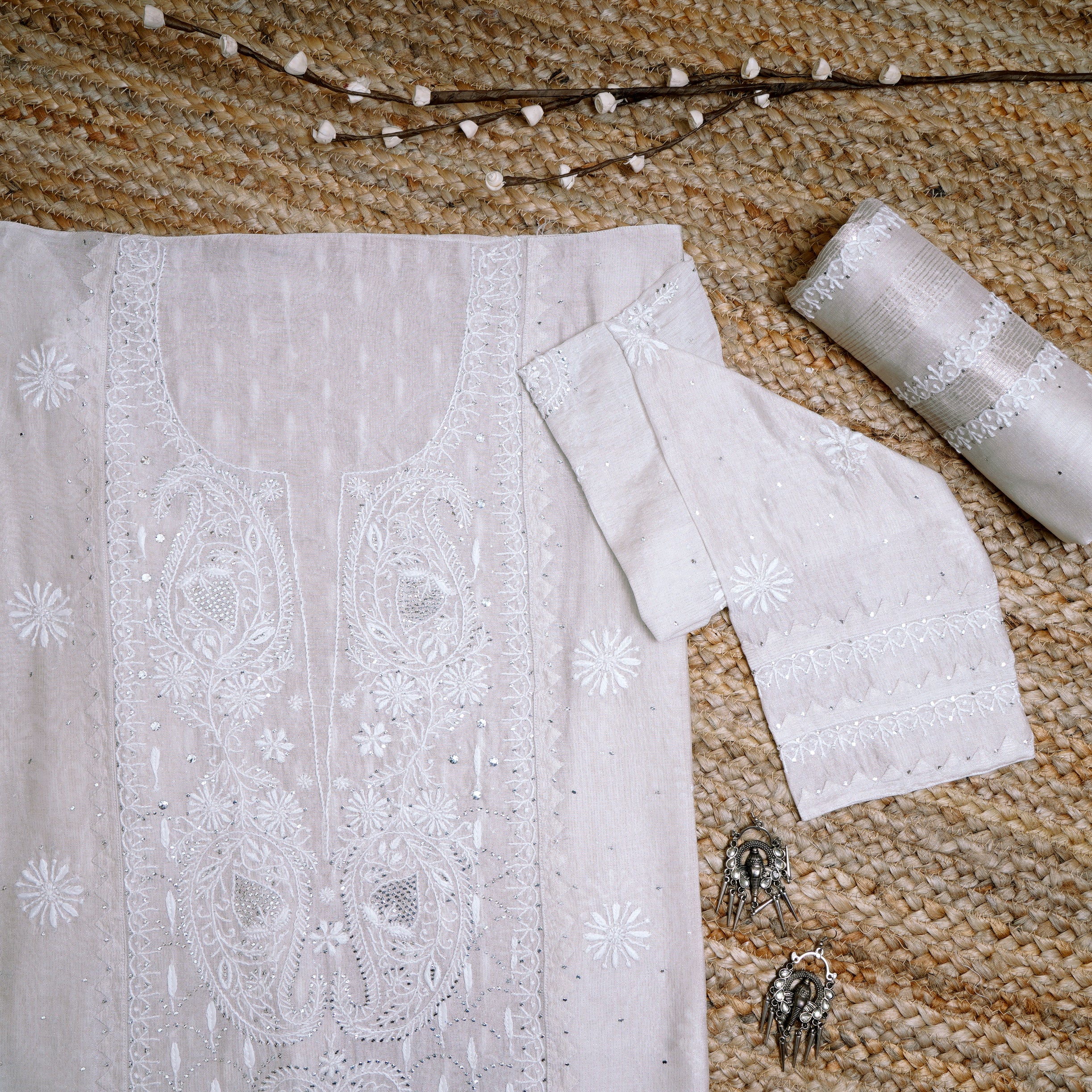 Off White Color Handcrafted Chikankari with Mukaish Work Tissue Unstitched Suit Set (Top & Dupatta)