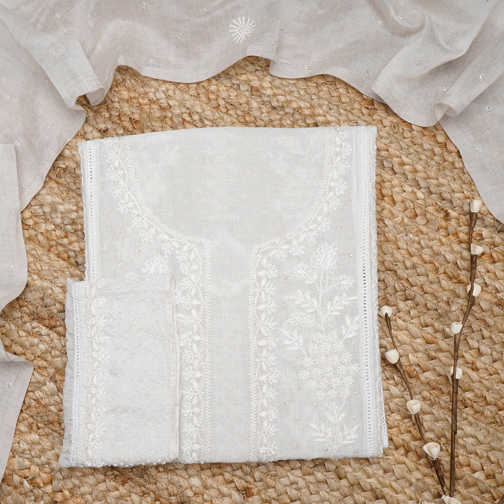 Off White Color Handcrafted Chikankari with Mukaish Work Tissue Unstitched Suit Set (Top & Dupatta)