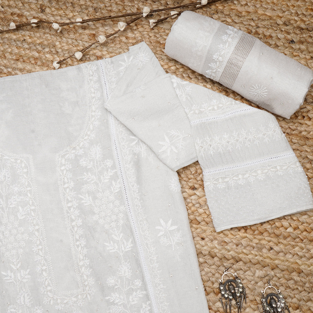 Off White Color Handcrafted Chikankari with Mukaish Work Tissue Unstitched Suit Set (Top & Dupatta)