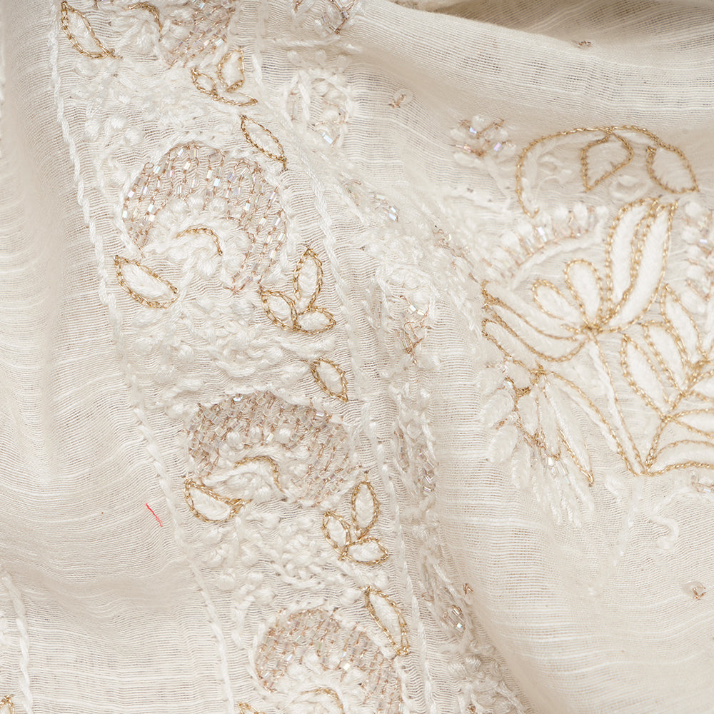 Off White Color Handcrafted Chikankari Embroidered Pure Slub Chanderi Unstitched Suit Set (Top & Dupatta)