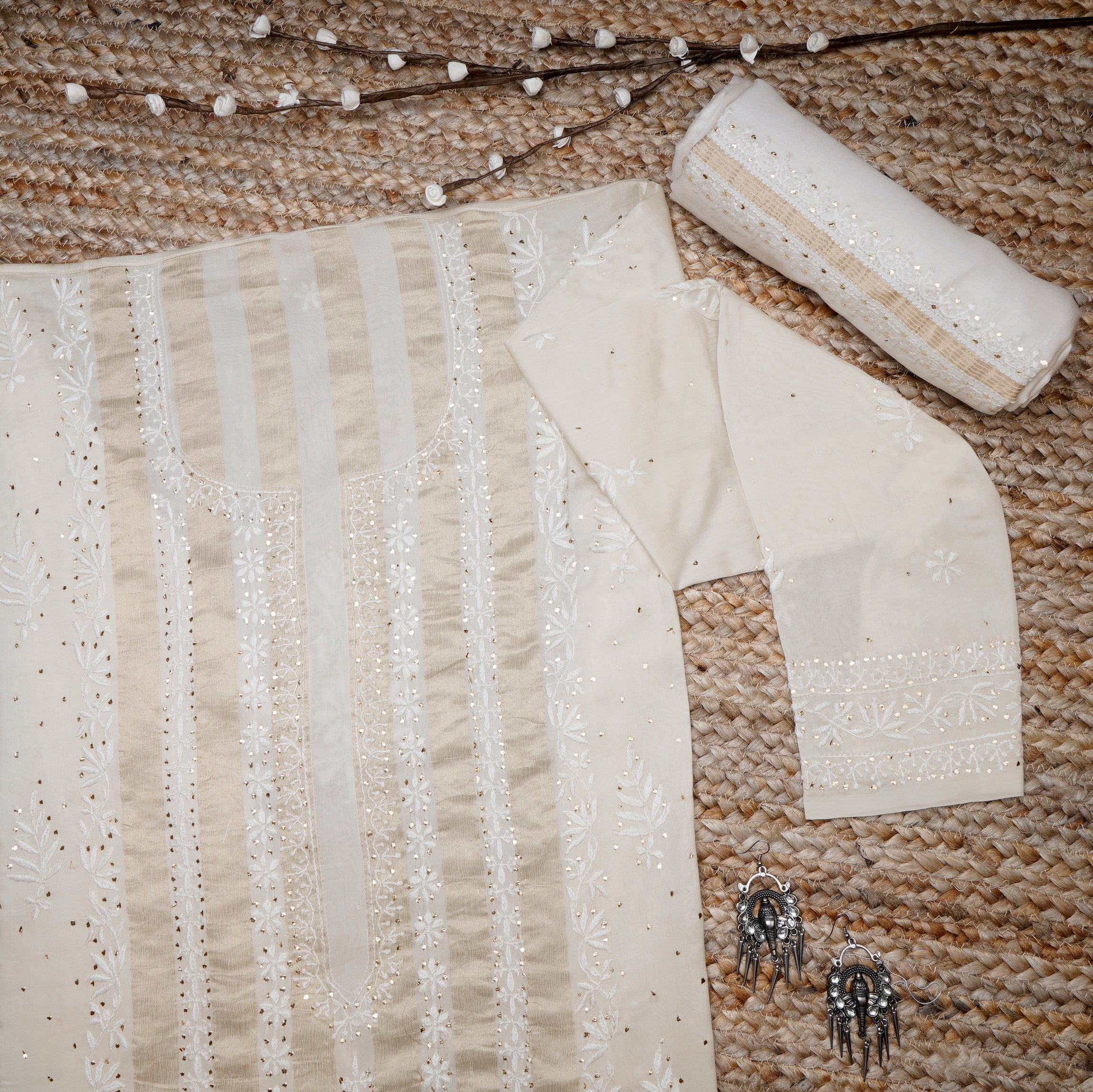 Off White Color Handcrafted Chikankari with Mukaish Work Fancy Chanderi Unstitched Suit Set (Top & Dupatta)