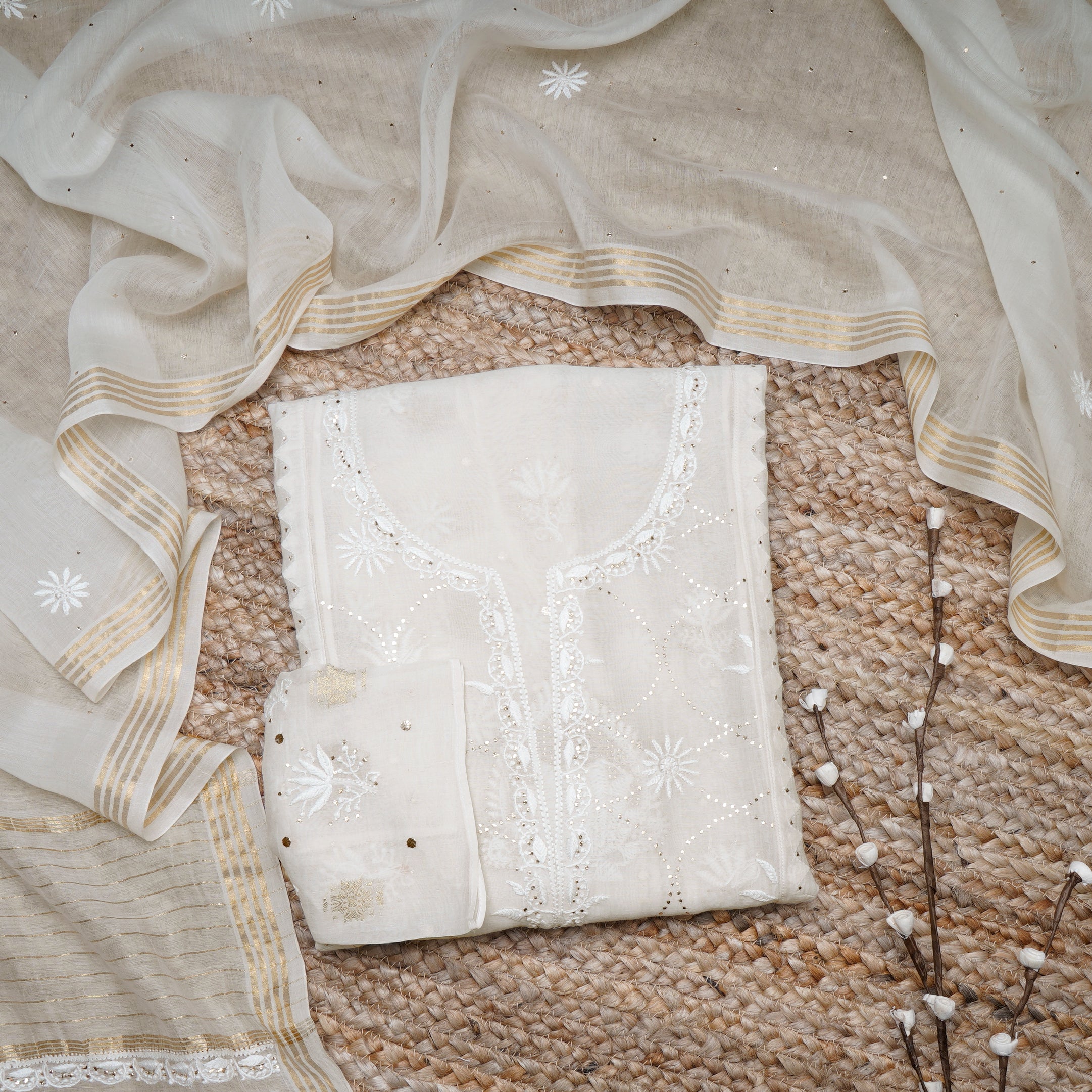 Off White Color Handcrafted Chikankari with Mukaish Work Pure Chanderi Unstitched Suit Set (Top & Dupatta)