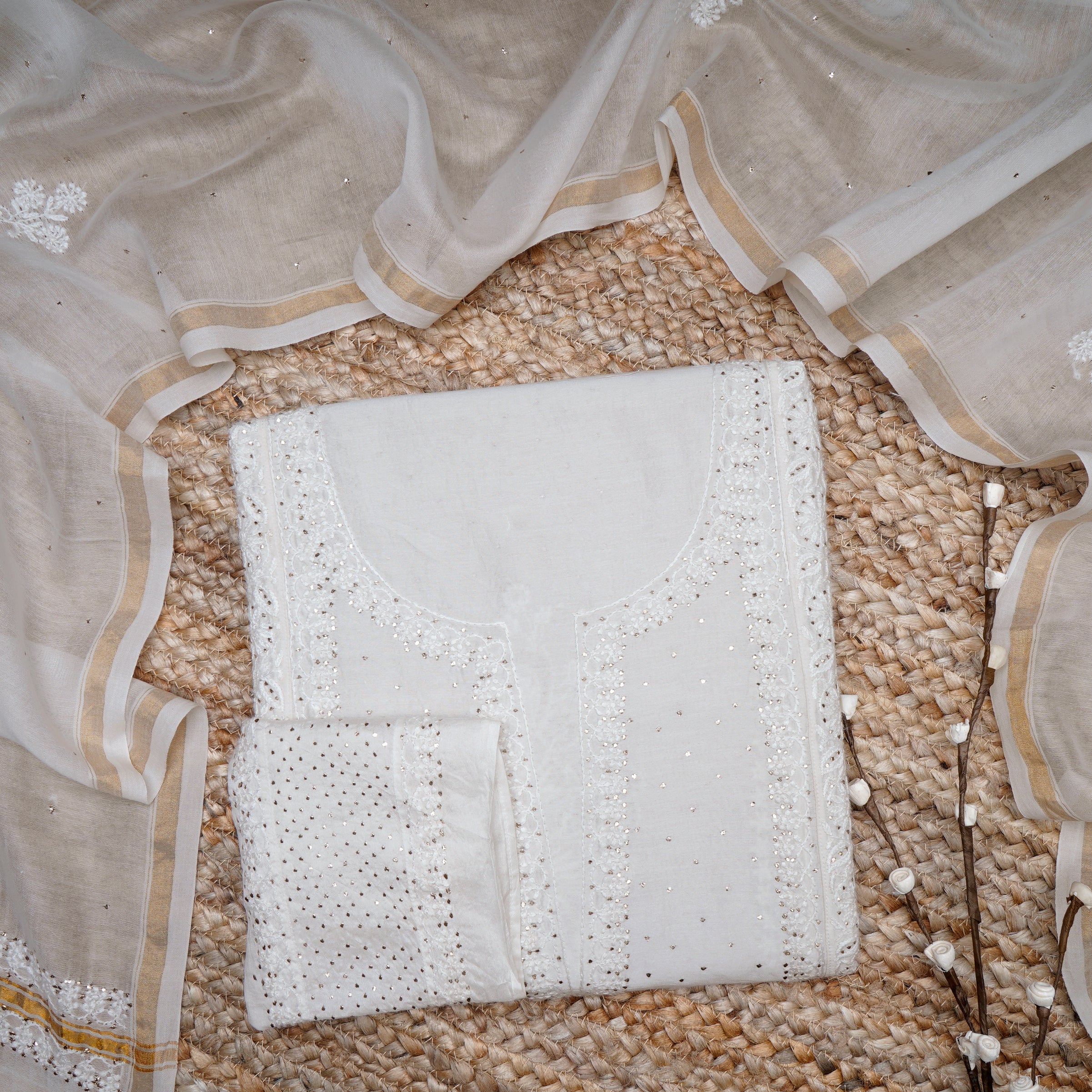 Off White Color Handcrafted Chikankari with Mukaish Work Tissue Unstitched Suit Set (Top & Dupatta)