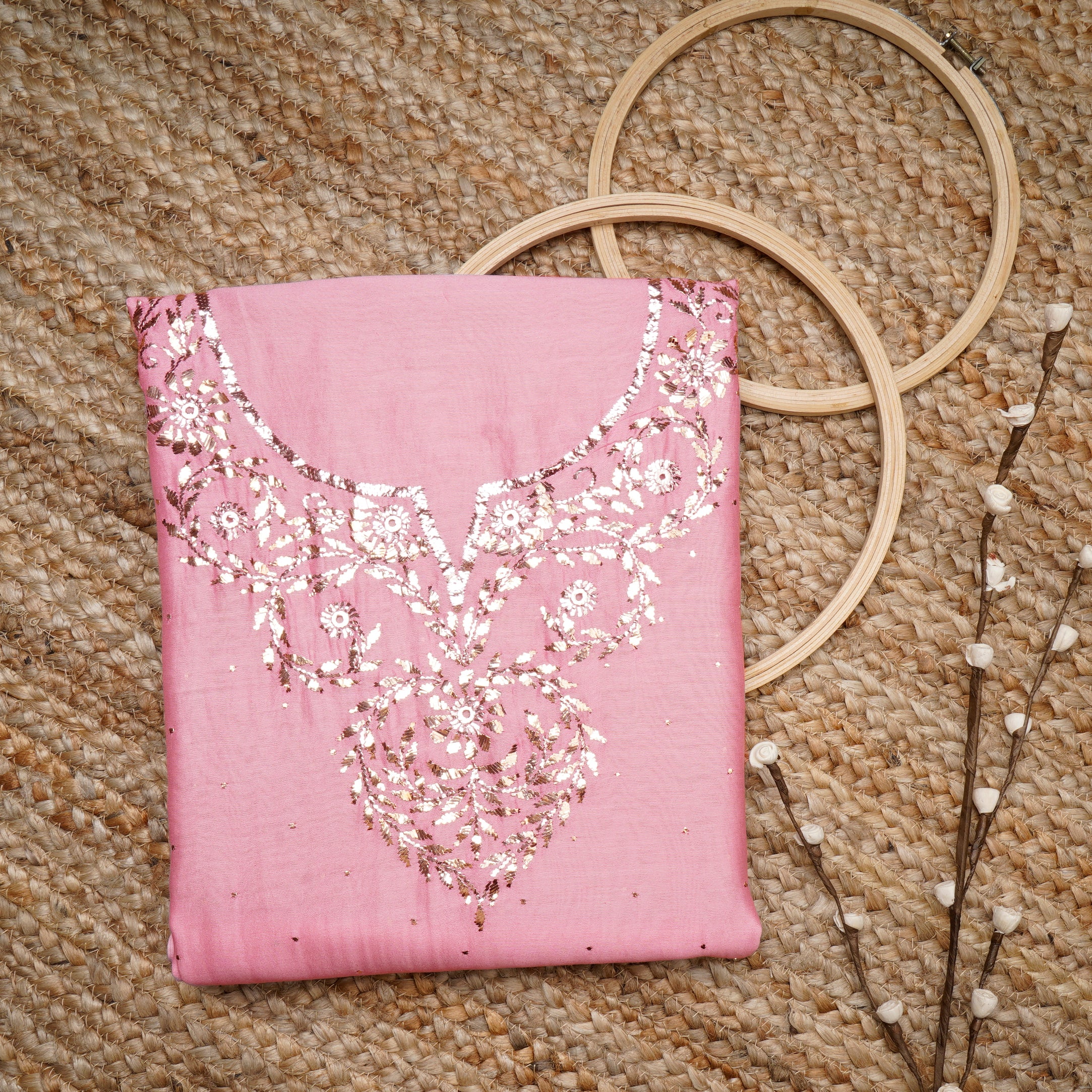 Light Pink Color Handcrafted Mukaish Work Pure Chanderi Unstitched Kurta Piece