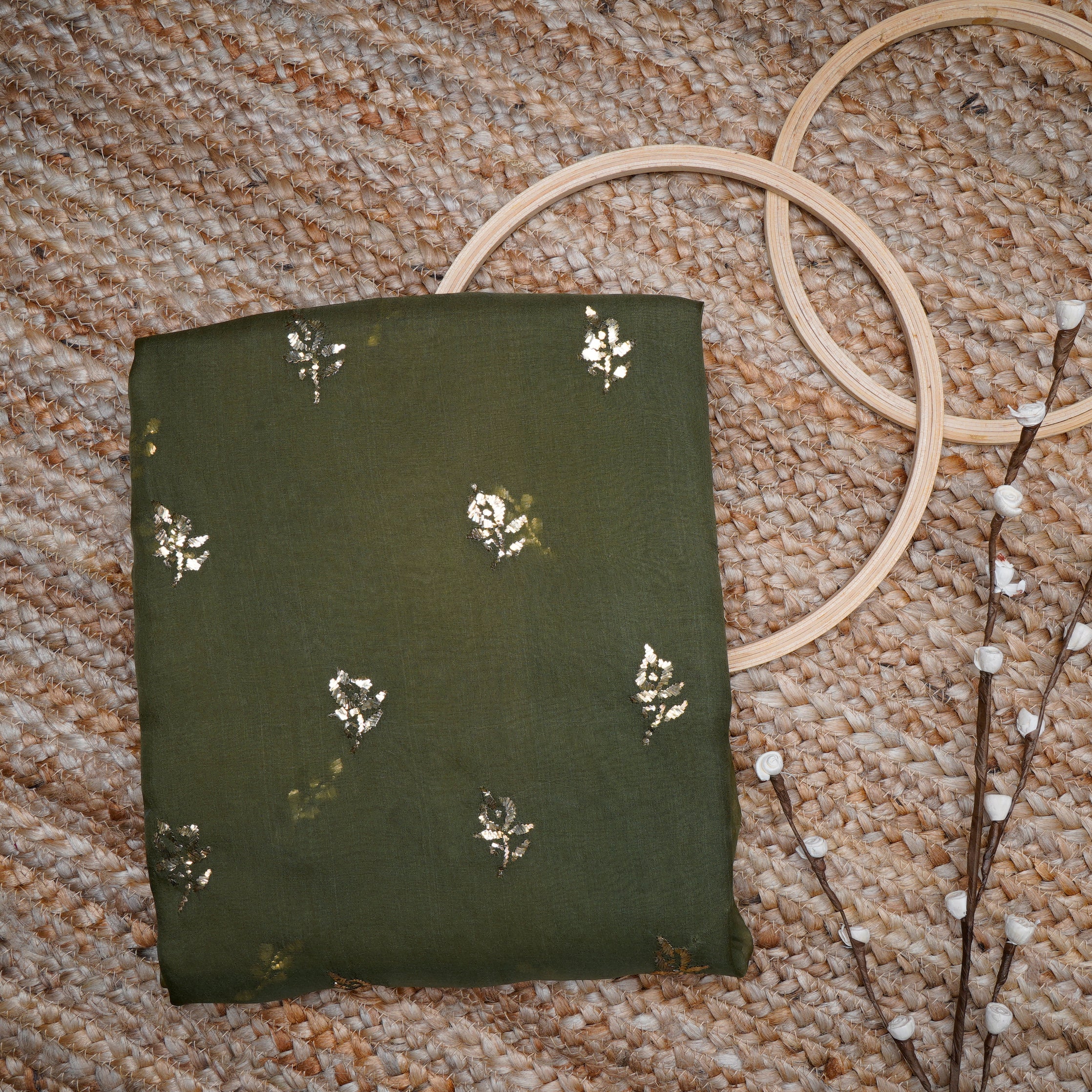 Green Color Handcrafted Mukaish Work Pure Organza Silk Unstitched Kurta Piece