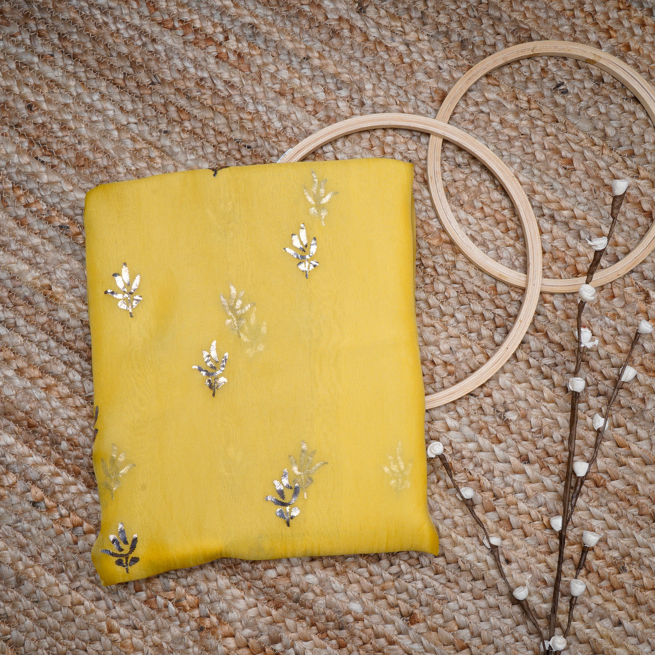 Yellow Color Handcrafted Mukaish Work Pure Organza Silk Unstitched Kurta Piece