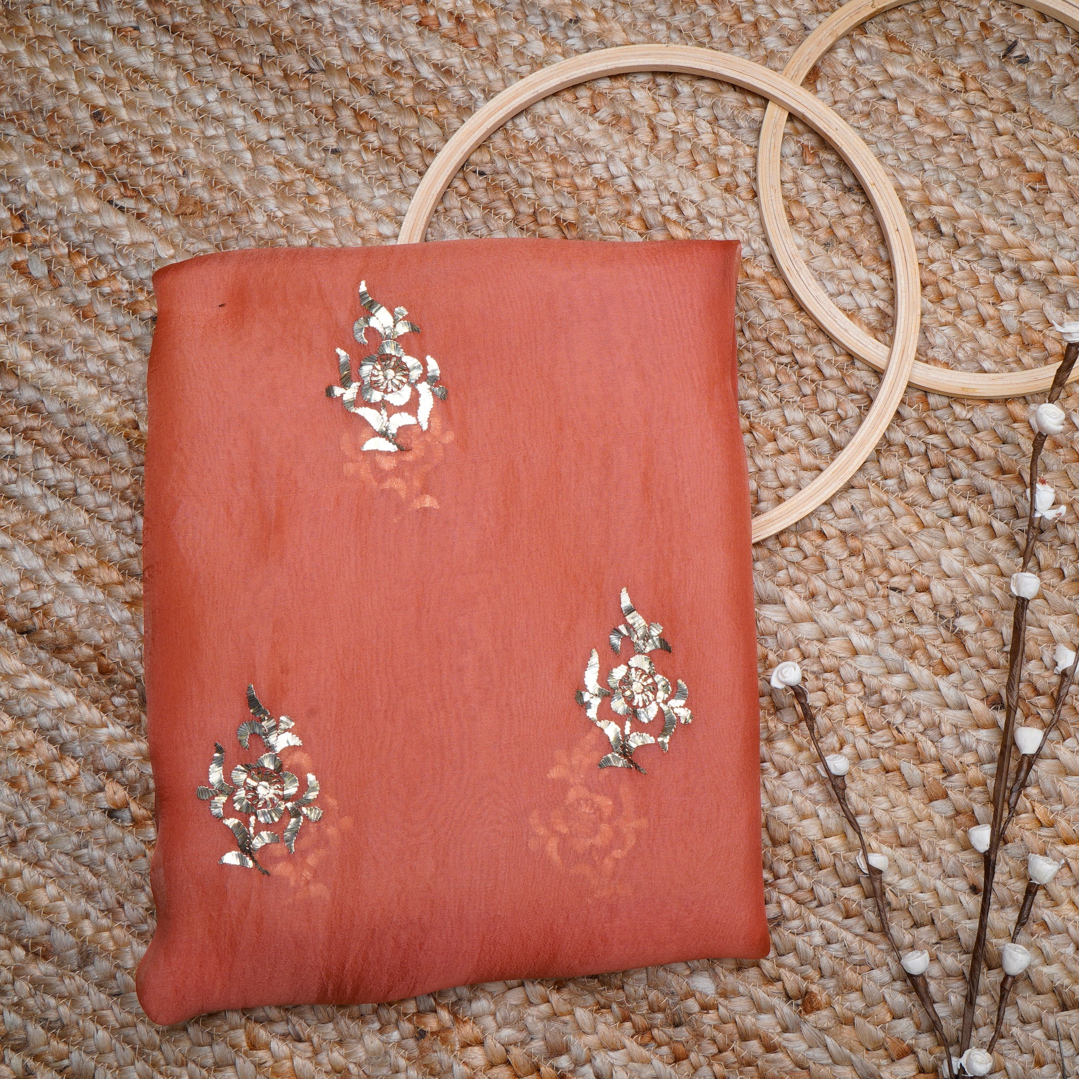 Red Color Handcrafted Mukaish Work Pure Organza Silk Unstitched Kurta Piece