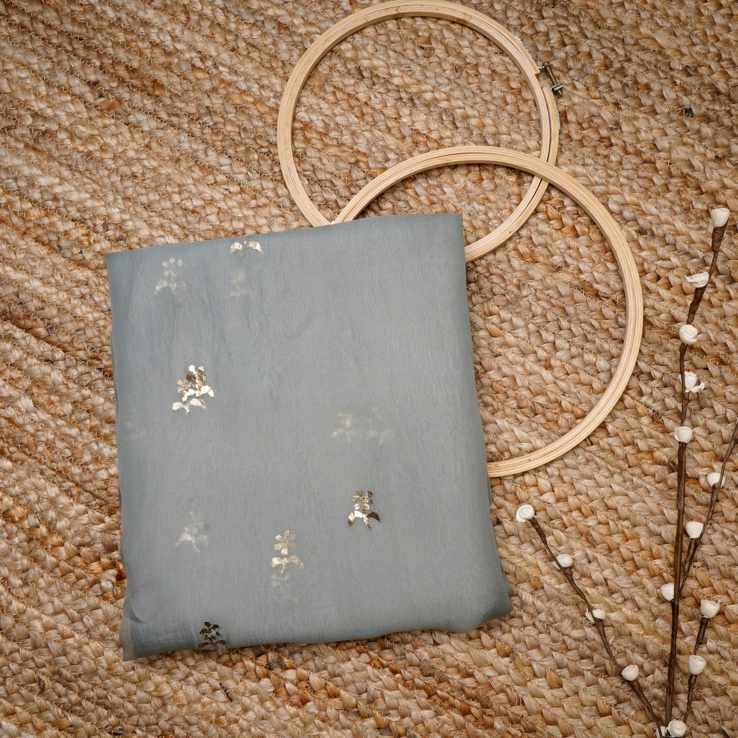 Grey Color Handcrafted Mukaish Work Pure Organza Silk Unstitched Kurta Piece