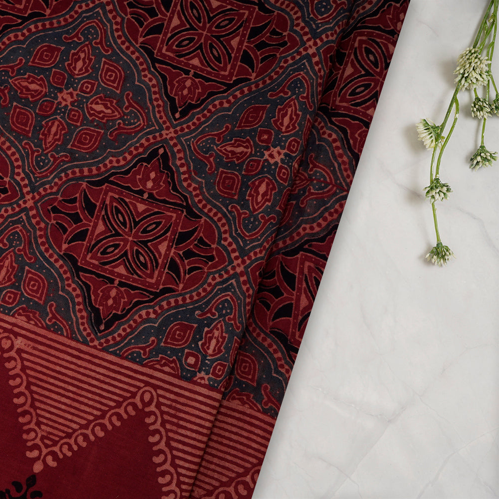 (Pre-Cut 3 Mtr) Maroon Color Handcrafted Ajrak Printed Pure Cotton Fabric