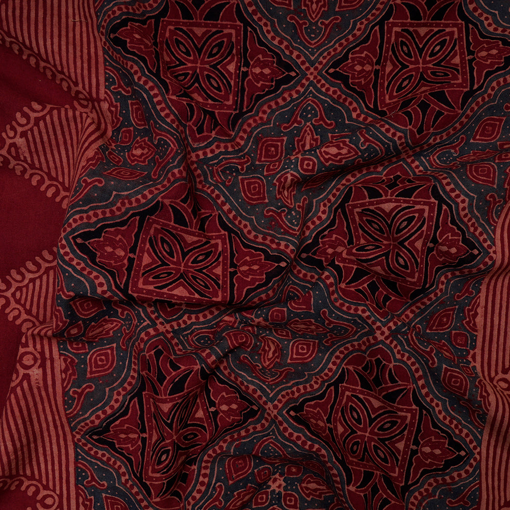 (Pre-Cut 3 Mtr) Maroon Color Handcrafted Ajrak Printed Pure Cotton Fabric