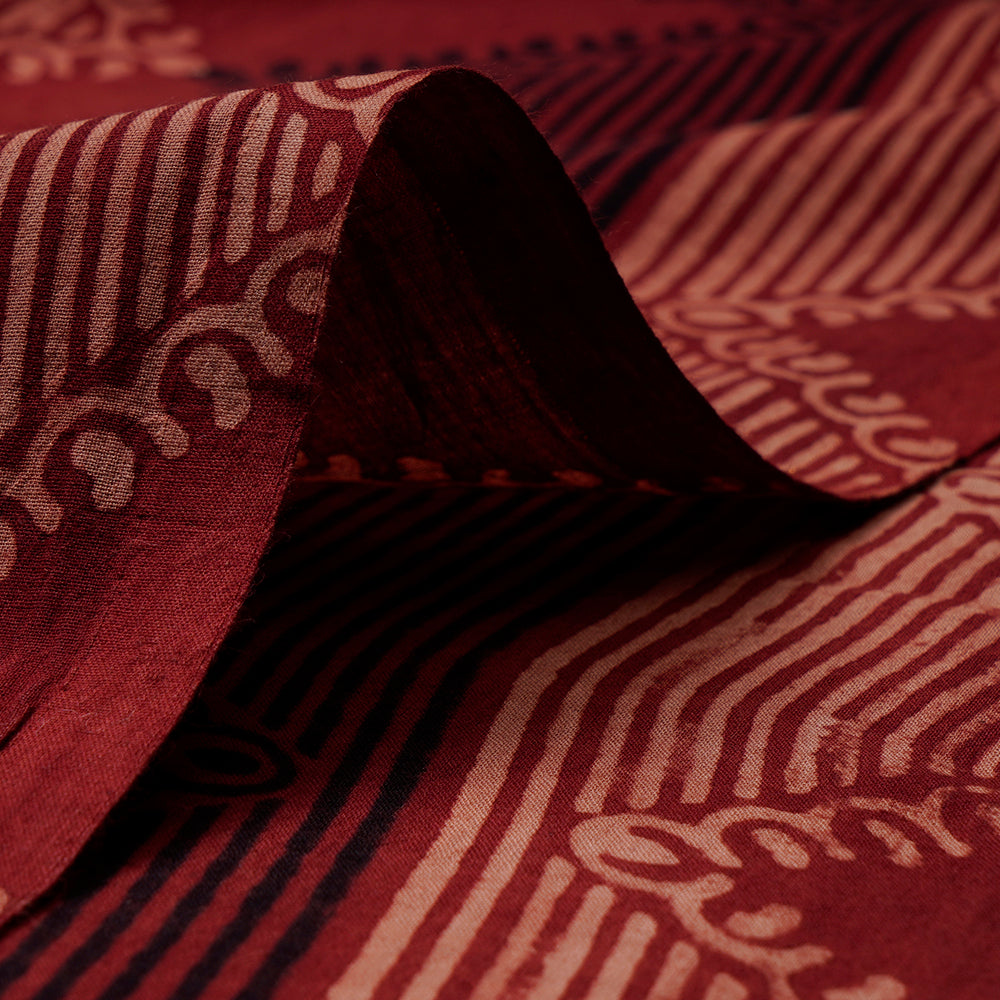 (Pre-Cut 3 Mtr) Maroon Color Handcrafted Ajrak Printed Pure Cotton Fabric