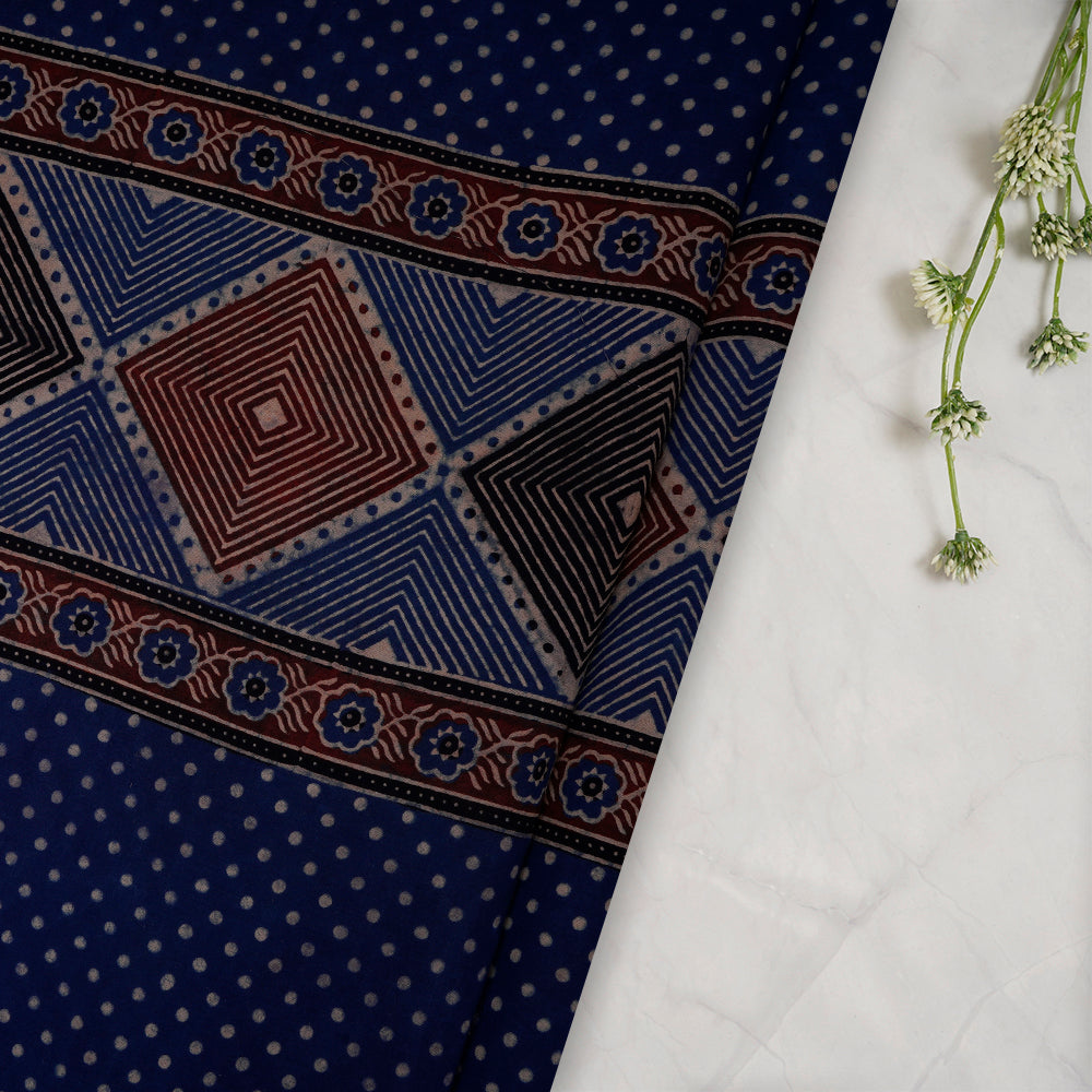 (Pre-Cut 3 Mtr) Blue Color Handcrafted Ajrak Printed Pure Cotton Fabric