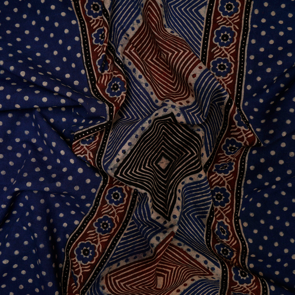 (Pre-Cut 3 Mtr) Blue Color Handcrafted Ajrak Printed Pure Cotton Fabric