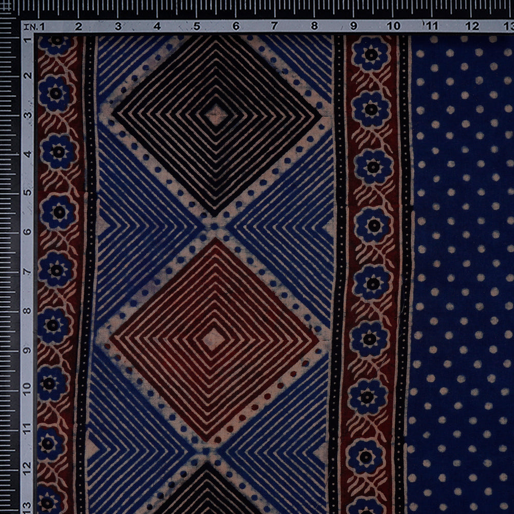 (Pre-Cut 3 Mtr) Blue Color Handcrafted Ajrak Printed Pure Cotton Fabric