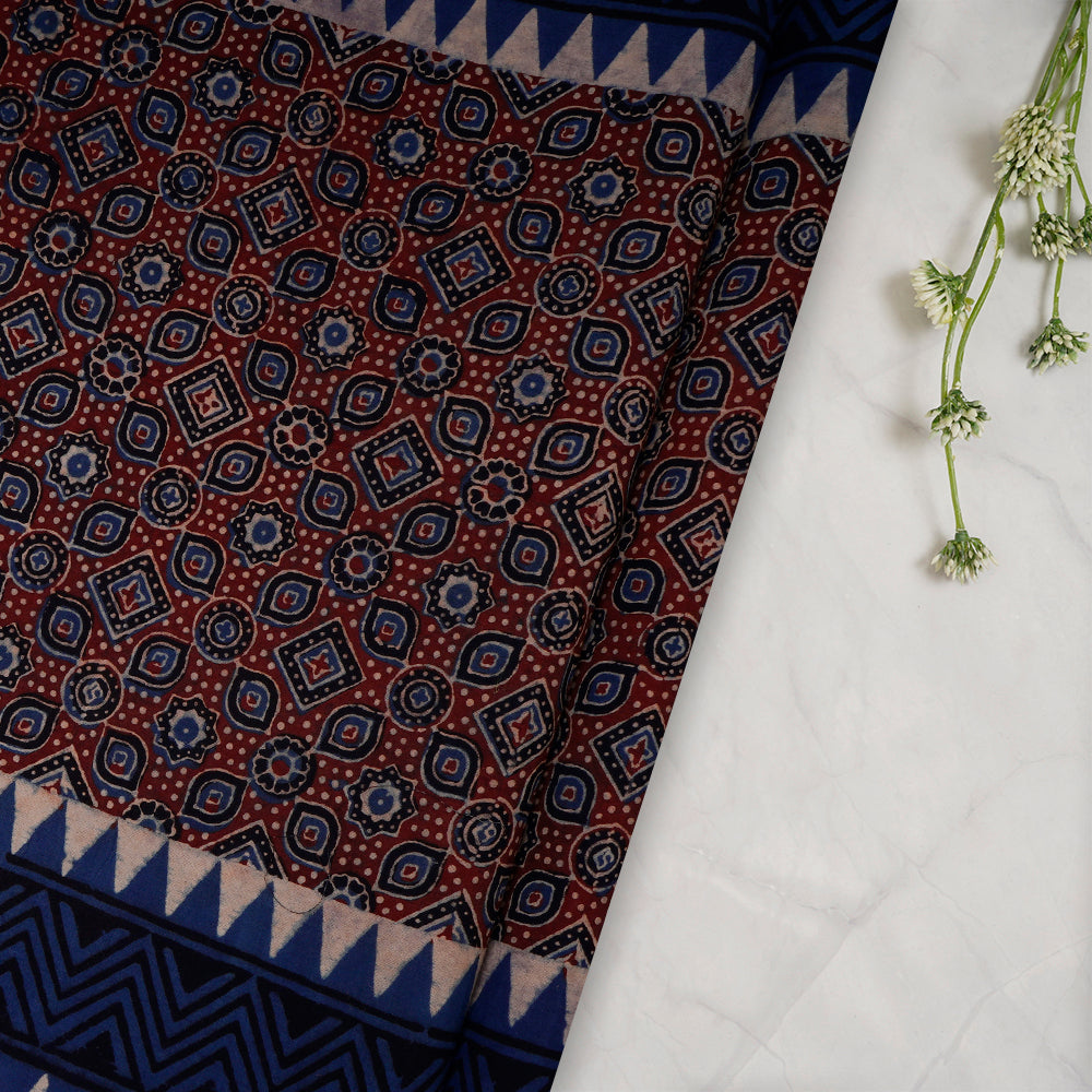 (Pre-Cut 3 Mtr) Blue-Maroon Color Handcrafted Ajrak Printed Pure Cotton Fabric