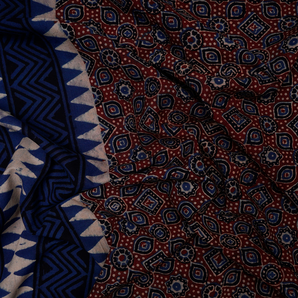 (Pre-Cut 3 Mtr) Blue-Maroon Color Handcrafted Ajrak Printed Pure Cotton Fabric