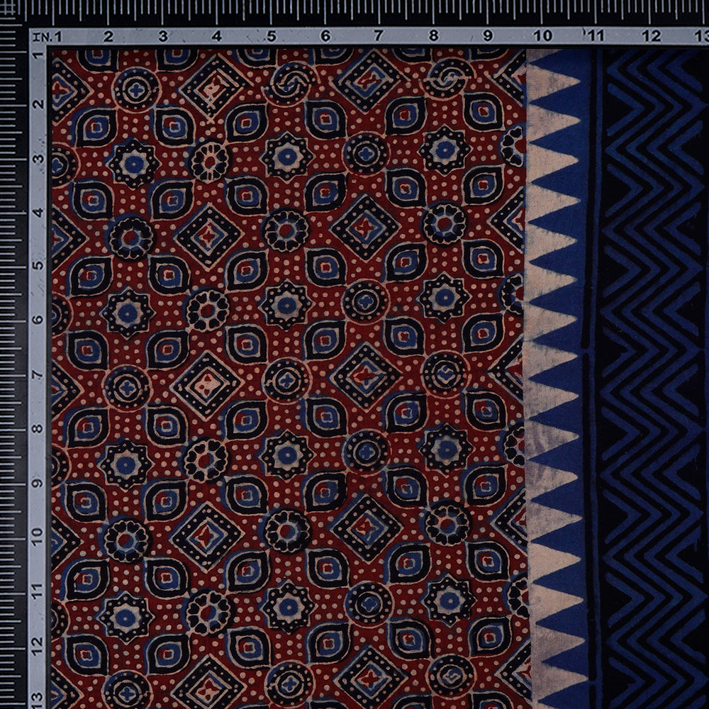 (Pre-Cut 3 Mtr) Blue-Maroon Color Handcrafted Ajrak Printed Pure Cotton Fabric