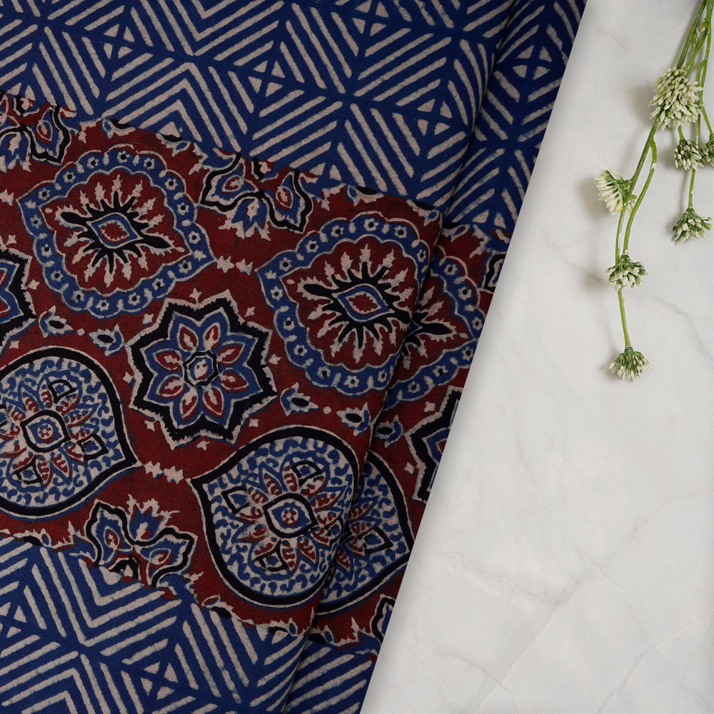 (Pre-Cut 3 Mtr) Blue Color Handcrafted Ajrak Printed Pure Cotton Fabric