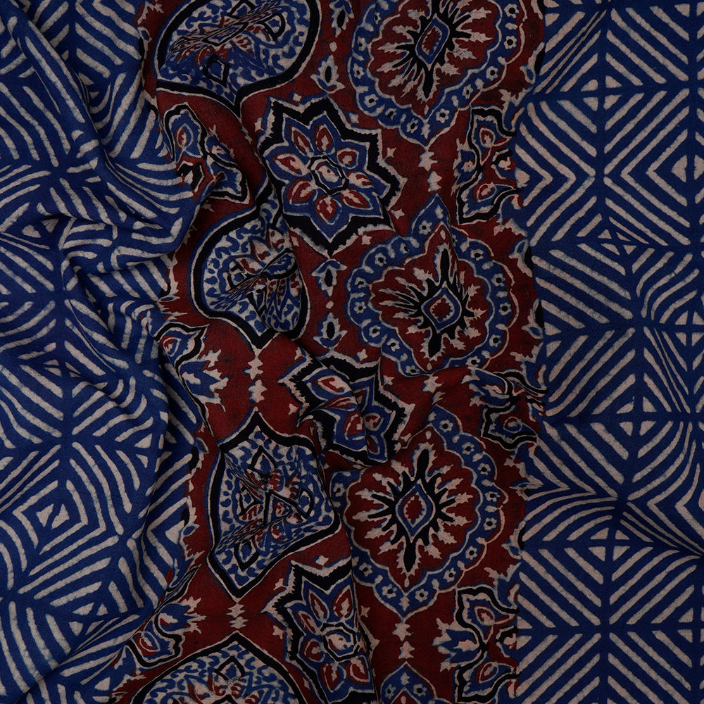 (Pre-Cut 3 Mtr) Blue Color Handcrafted Ajrak Printed Pure Cotton Fabric