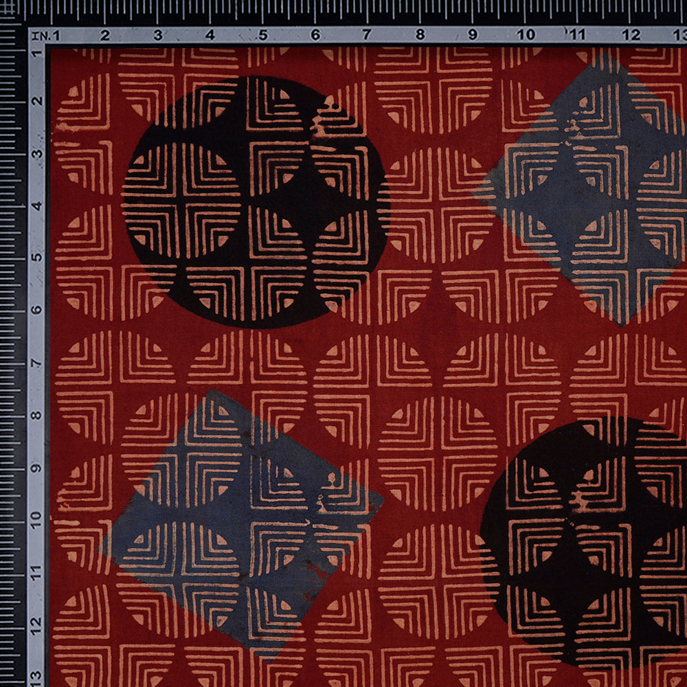 (Pre-Cut 3 Mtr) Red-Black Color Handcrafted Ajrak Printed Pure Cotton Fabric