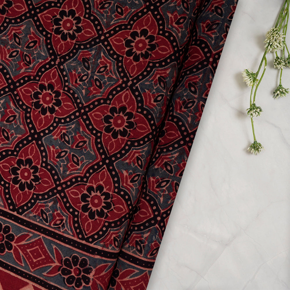 (Pre-Cut 3 Mtr) Red-Black Color Handcrafted Ajrak Printed Pure Cotton Fabric