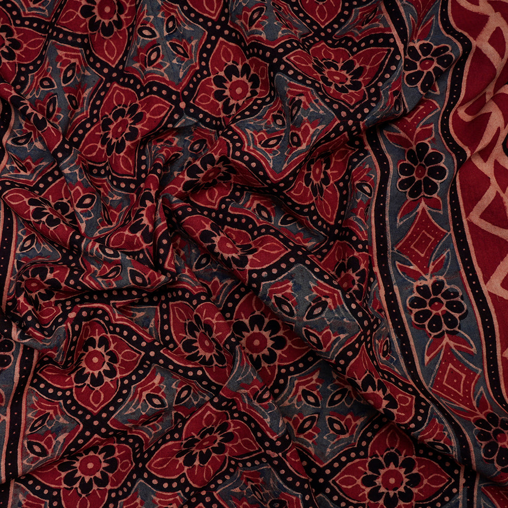 (Pre-Cut 3 Mtr) Red-Black Color Handcrafted Ajrak Printed Pure Cotton Fabric