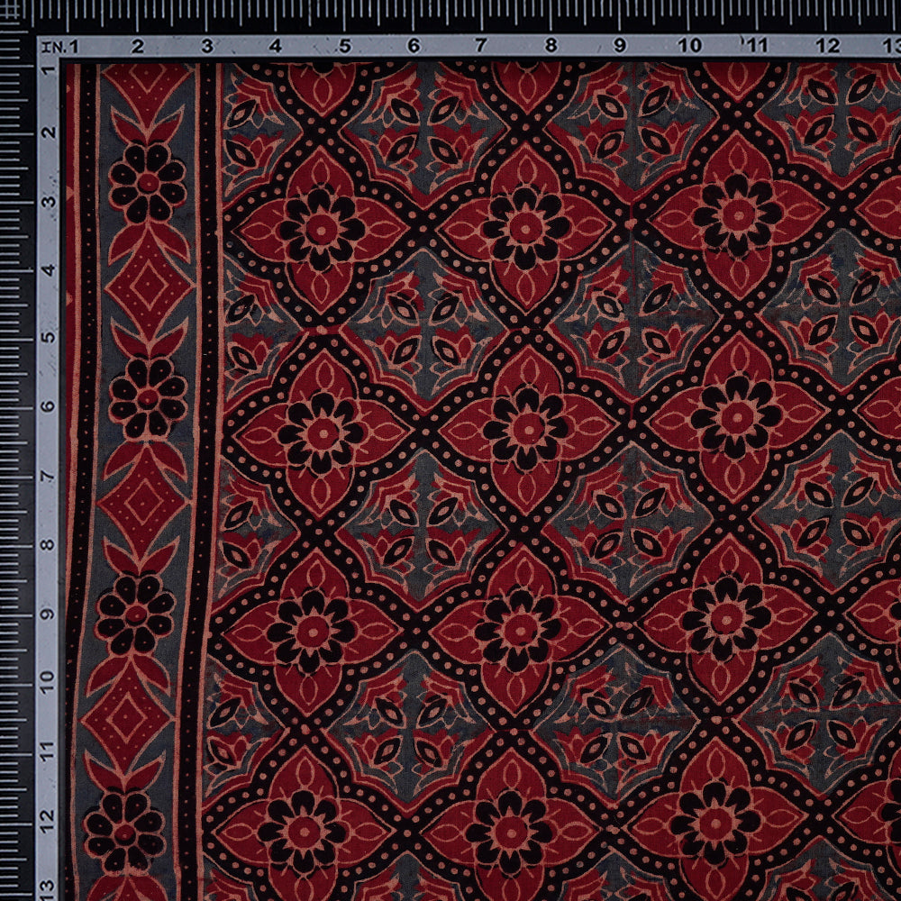 (Pre-Cut 3 Mtr) Red-Black Color Handcrafted Ajrak Printed Pure Cotton Fabric