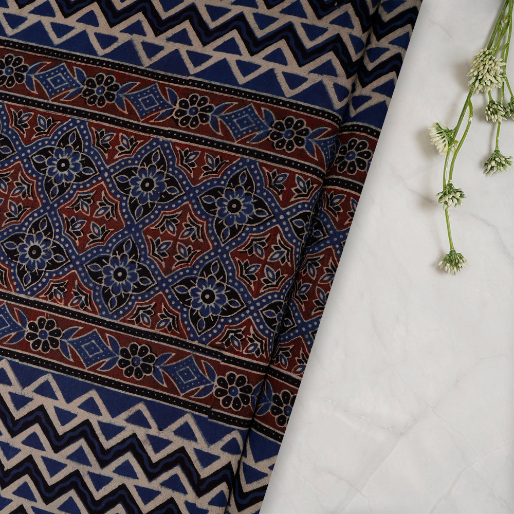 (Pre-Cut 3 Mtr) Blue-Black Color Handcrafted Ajrak Printed Pure Cotton Fabric