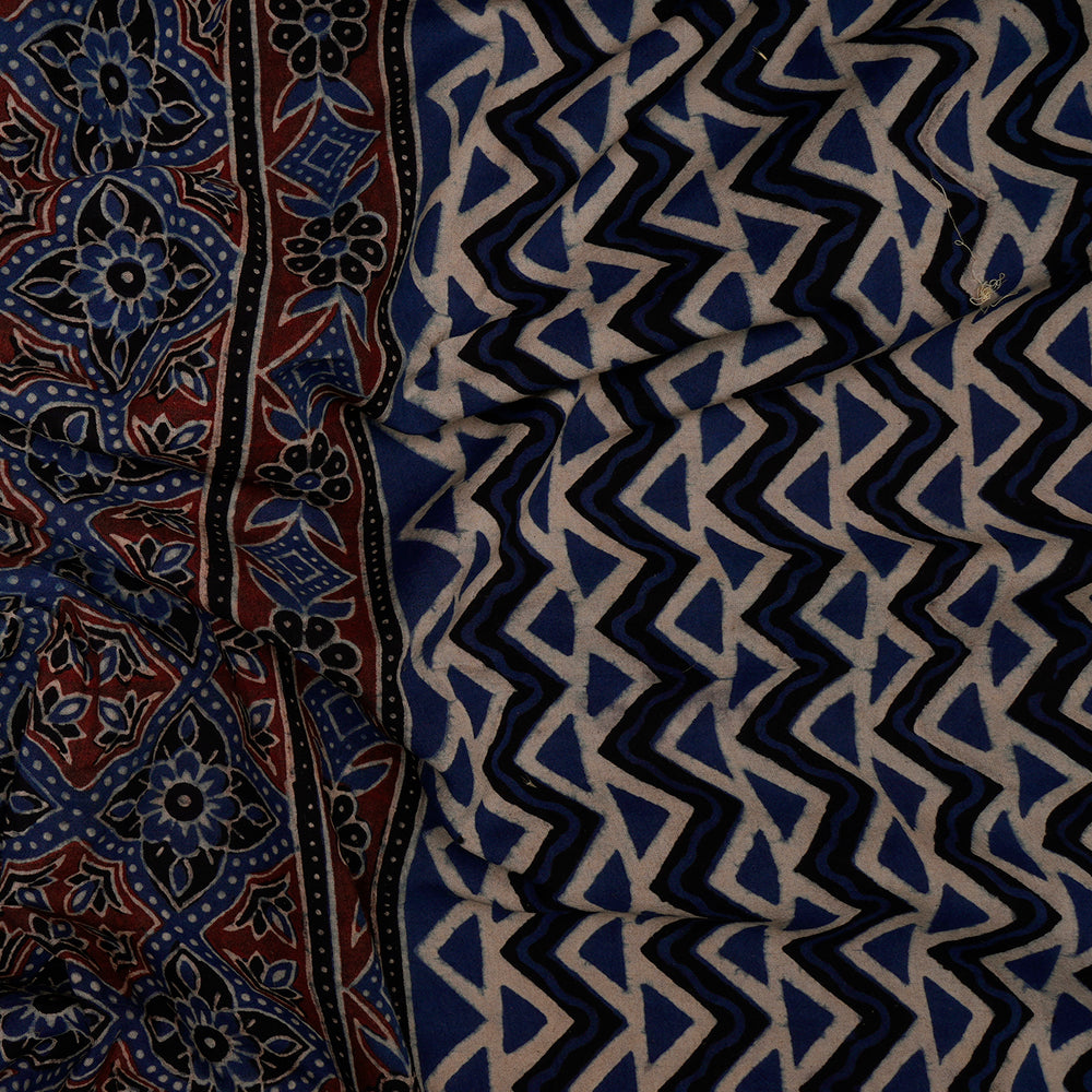 (Pre-Cut 3 Mtr) Blue-Black Color Handcrafted Ajrak Printed Pure Cotton Fabric