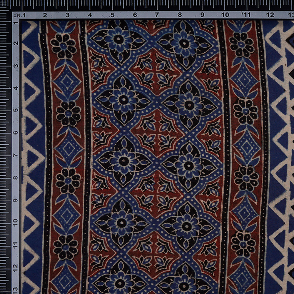 (Pre-Cut 3 Mtr) Blue-Black Color Handcrafted Ajrak Printed Pure Cotton Fabric