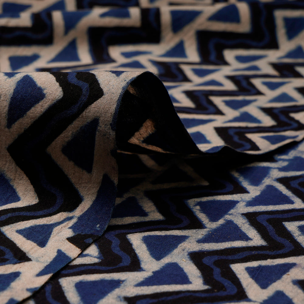 (Pre-Cut 3 Mtr) Blue-Black Color Handcrafted Ajrak Printed Pure Cotton Fabric