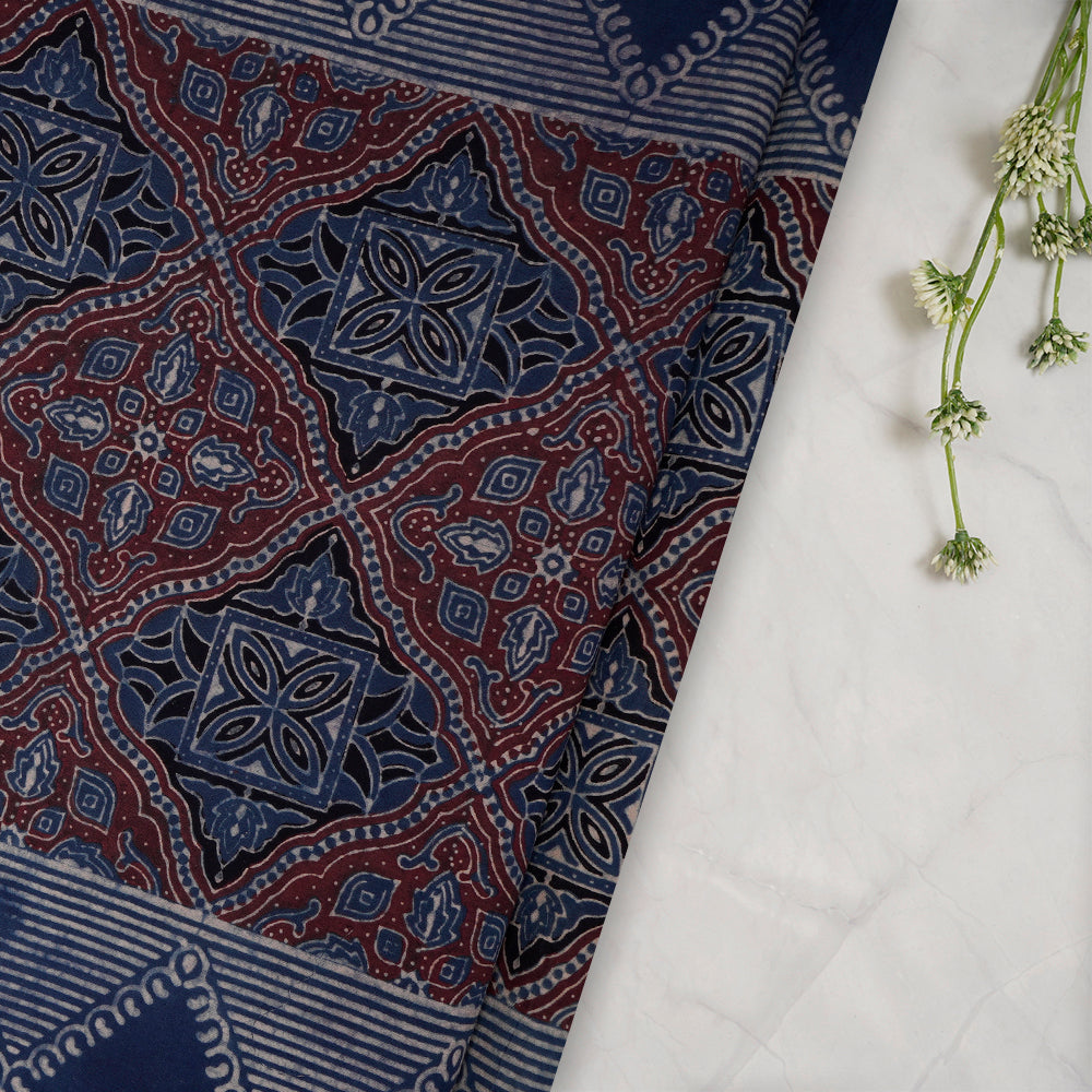 (Pre-Cut 3 Mtr) Blue Color Handcrafted Ajrak Printed Pure Cotton Fabric