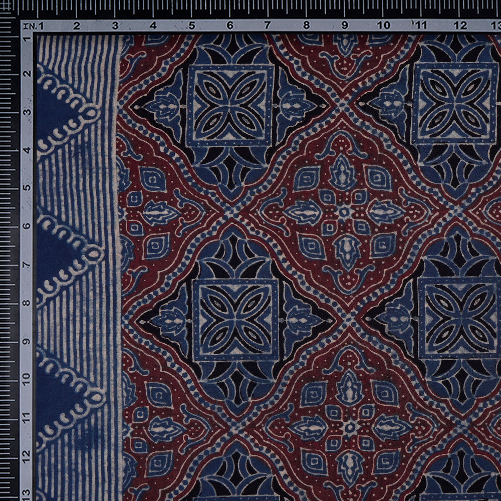 (Pre-Cut 3 Mtr) Blue Color Handcrafted Ajrak Printed Pure Cotton Fabric