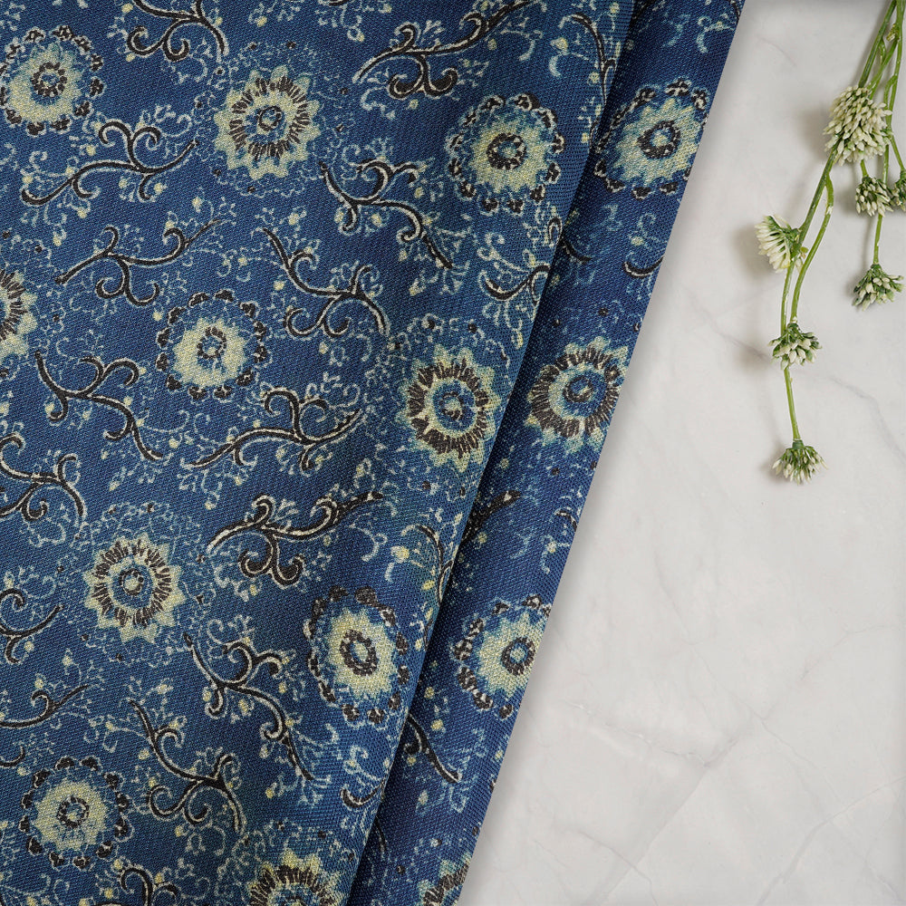 (Pre-Cut 3 Mtr) Blue Color Handcrafted Ajrak Printed Modal Dobby Fabric