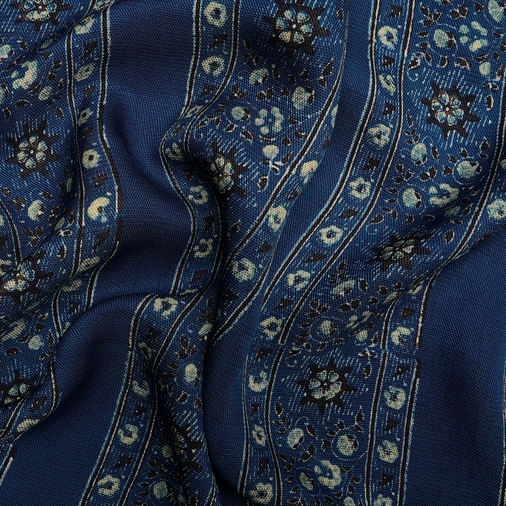 (Pre-Cut 3 Mtr) Blue Color Handcrafted Ajrak Printed Modal Dobby Fabric