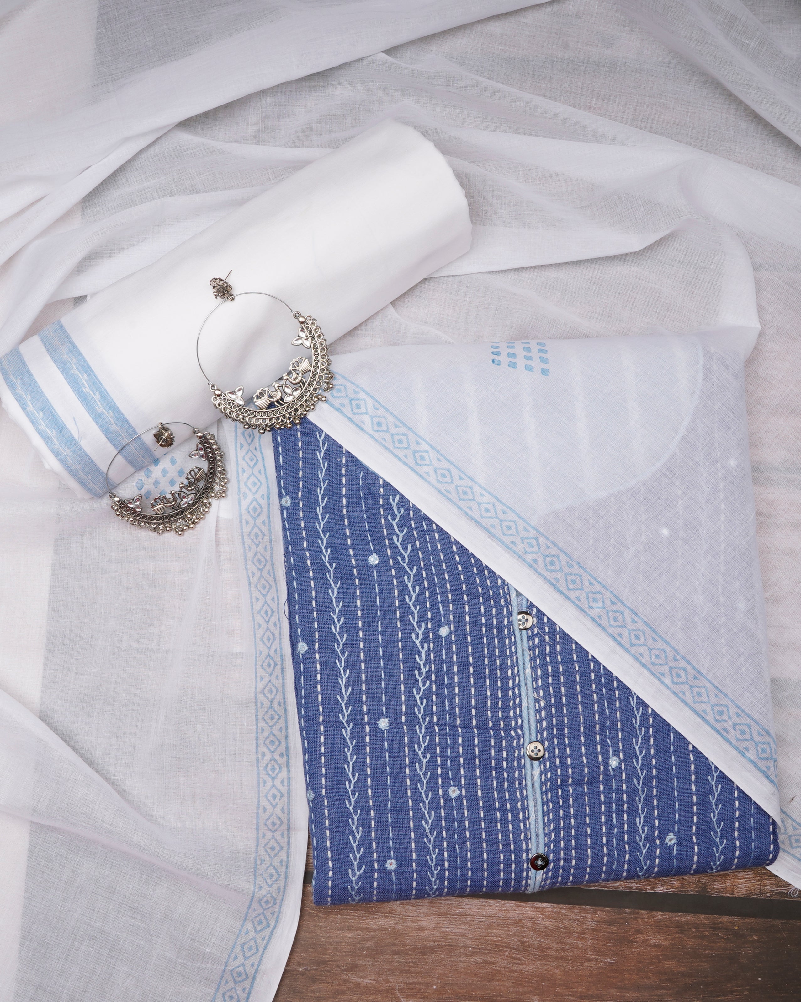 Light Blue Embroidered Pure Cotton Semi-Stitched Suit Set