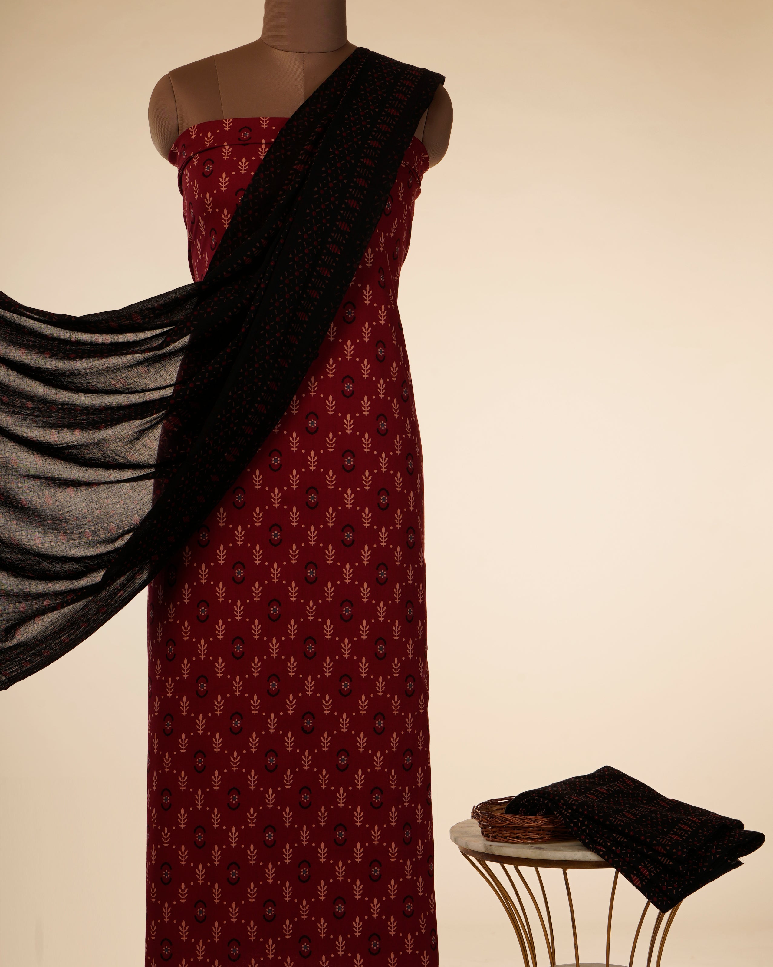 Black-Red Printed Pure Cotton Unstitched Suit Set
