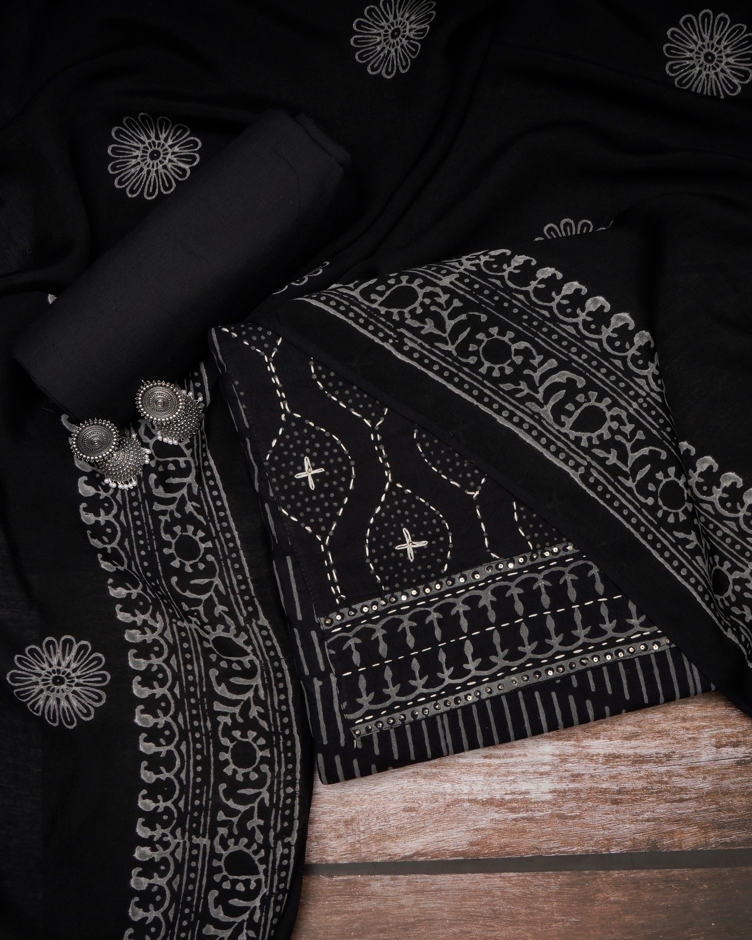 Black Handcrafted Block Printed Pure Cotton Semi-Stitched Suit Set