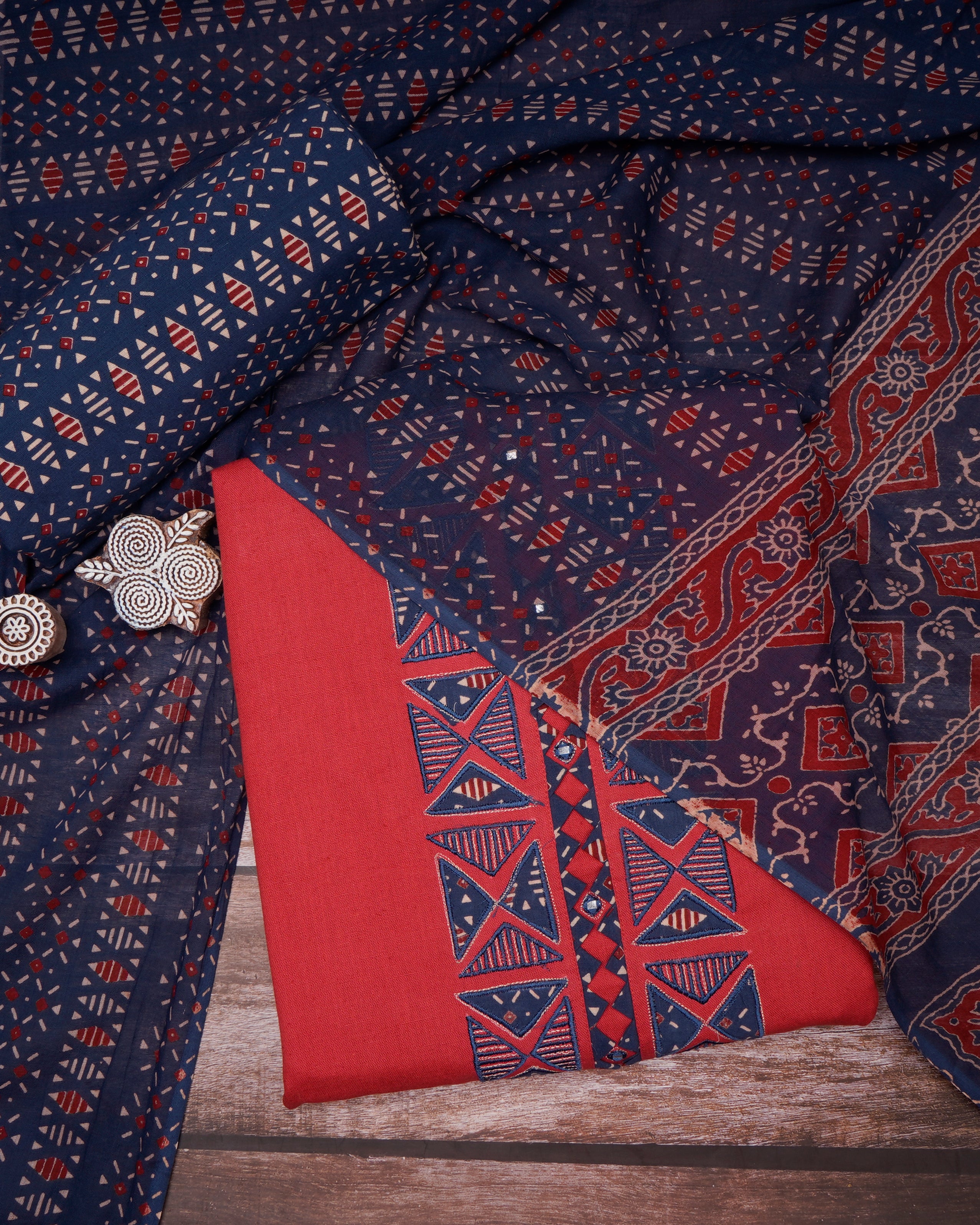 Fiery Rose-Blue Embroidered & Printed Pure Cotton Semi-Stitched Suit Set