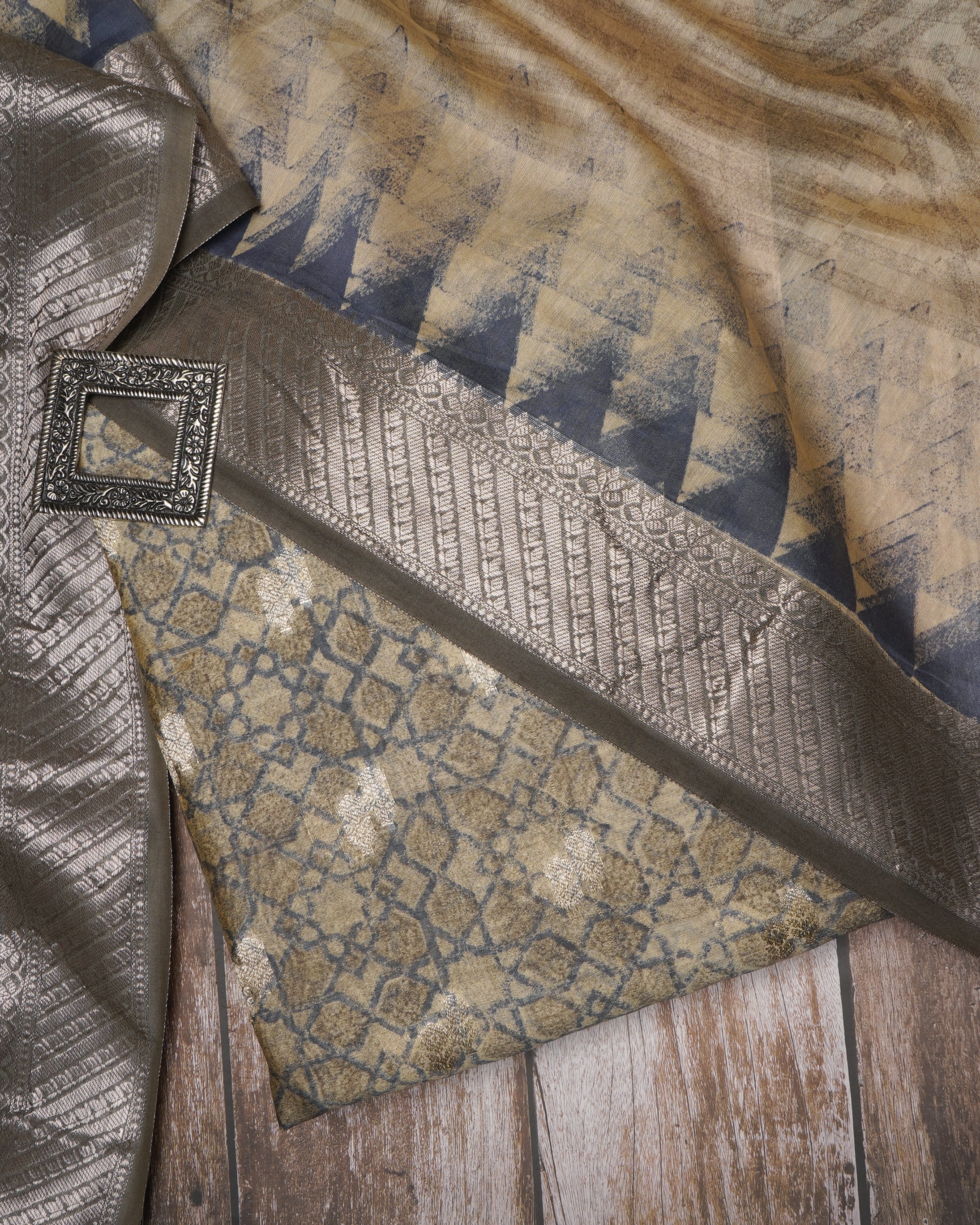 Dark Grey-Beige Geometric Pattern Fancy Handwoven Chanderi Unstitched Suit Set (Top & Dupatta)