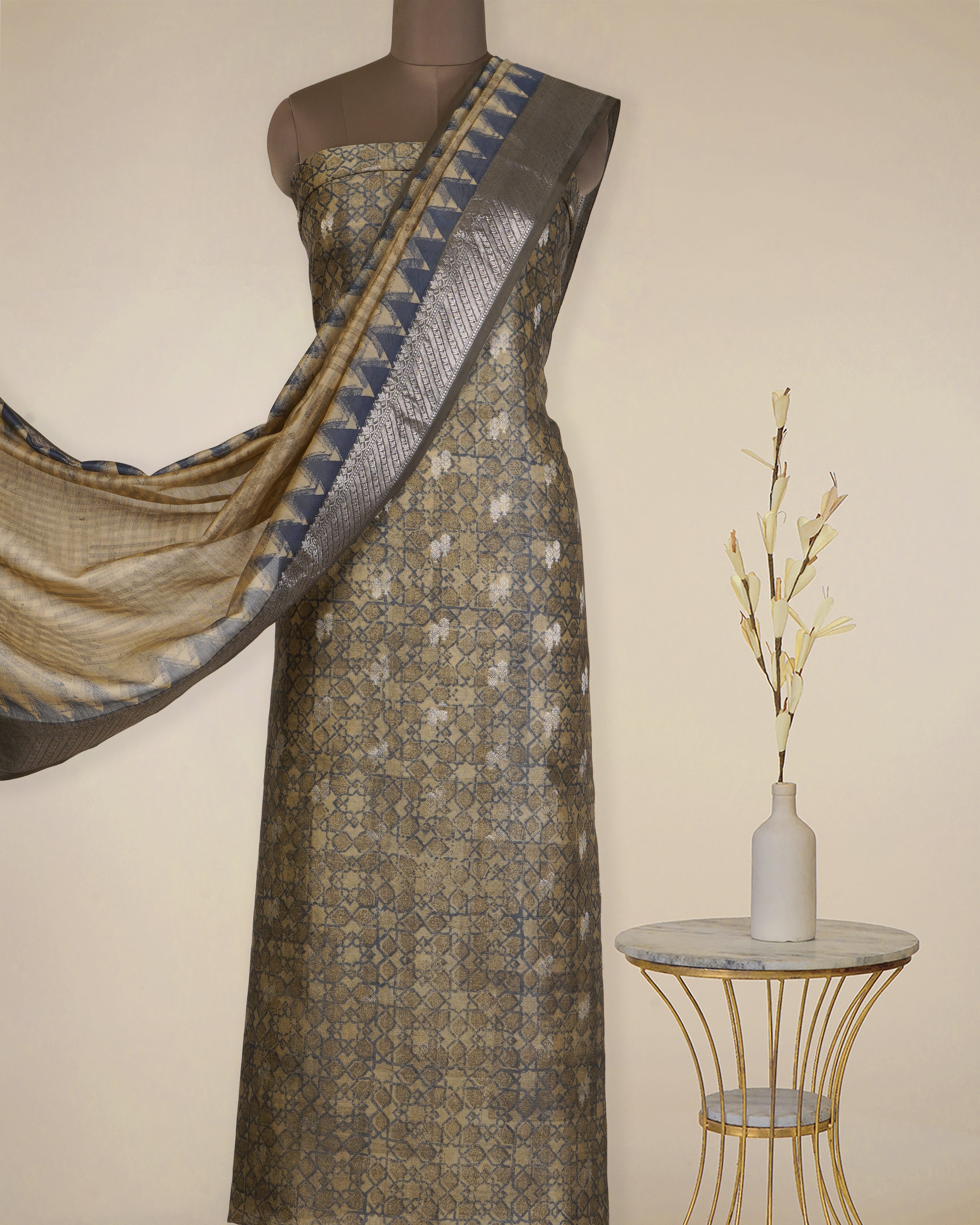 Dark Grey-Beige Geometric Pattern Fancy Handwoven Chanderi Unstitched Suit Set (Top & Dupatta)