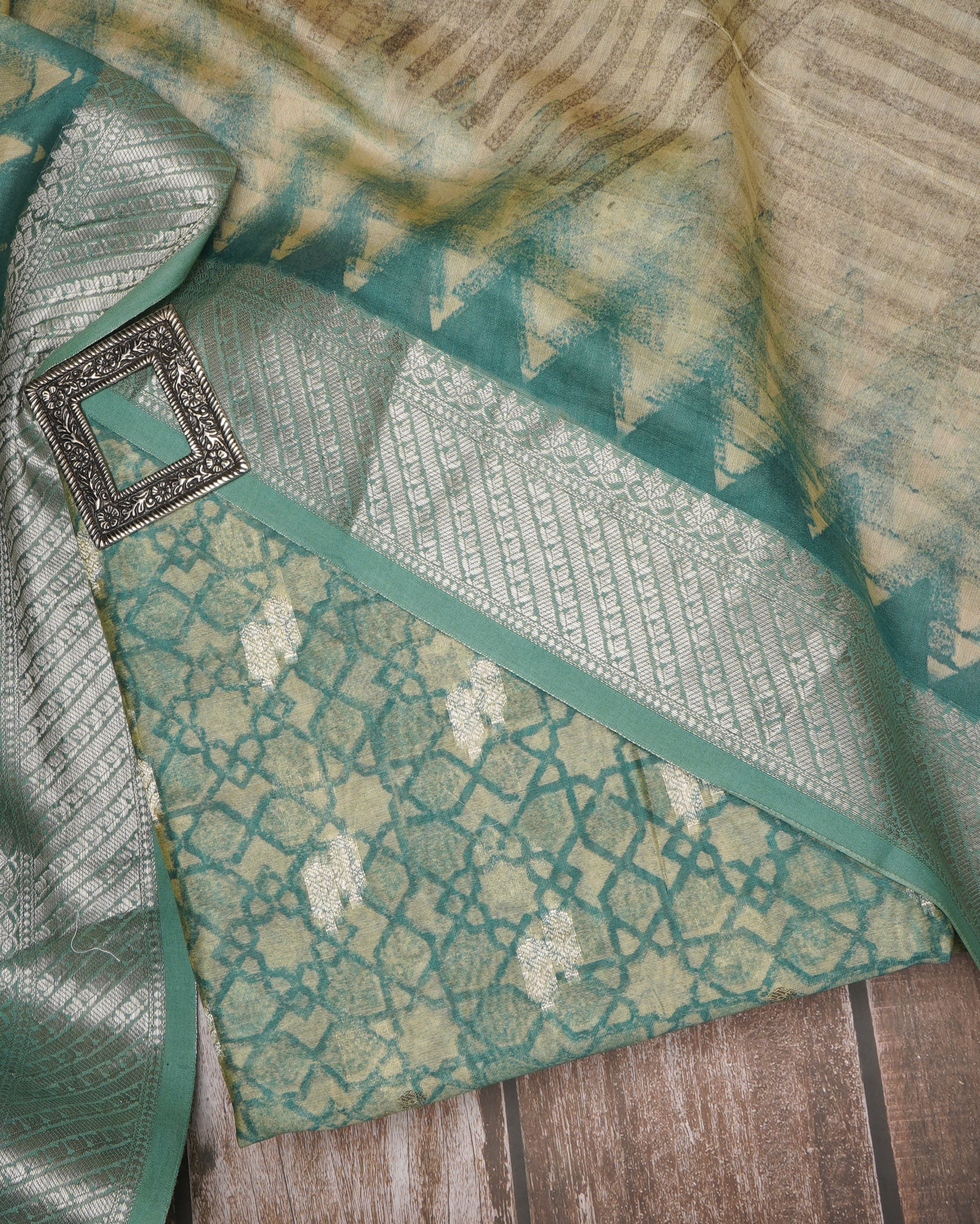 Ocean Floor-Beige Geometric Pattern Fancy Handwoven Chanderi Unstitched Suit Set (Top & Dupatta)