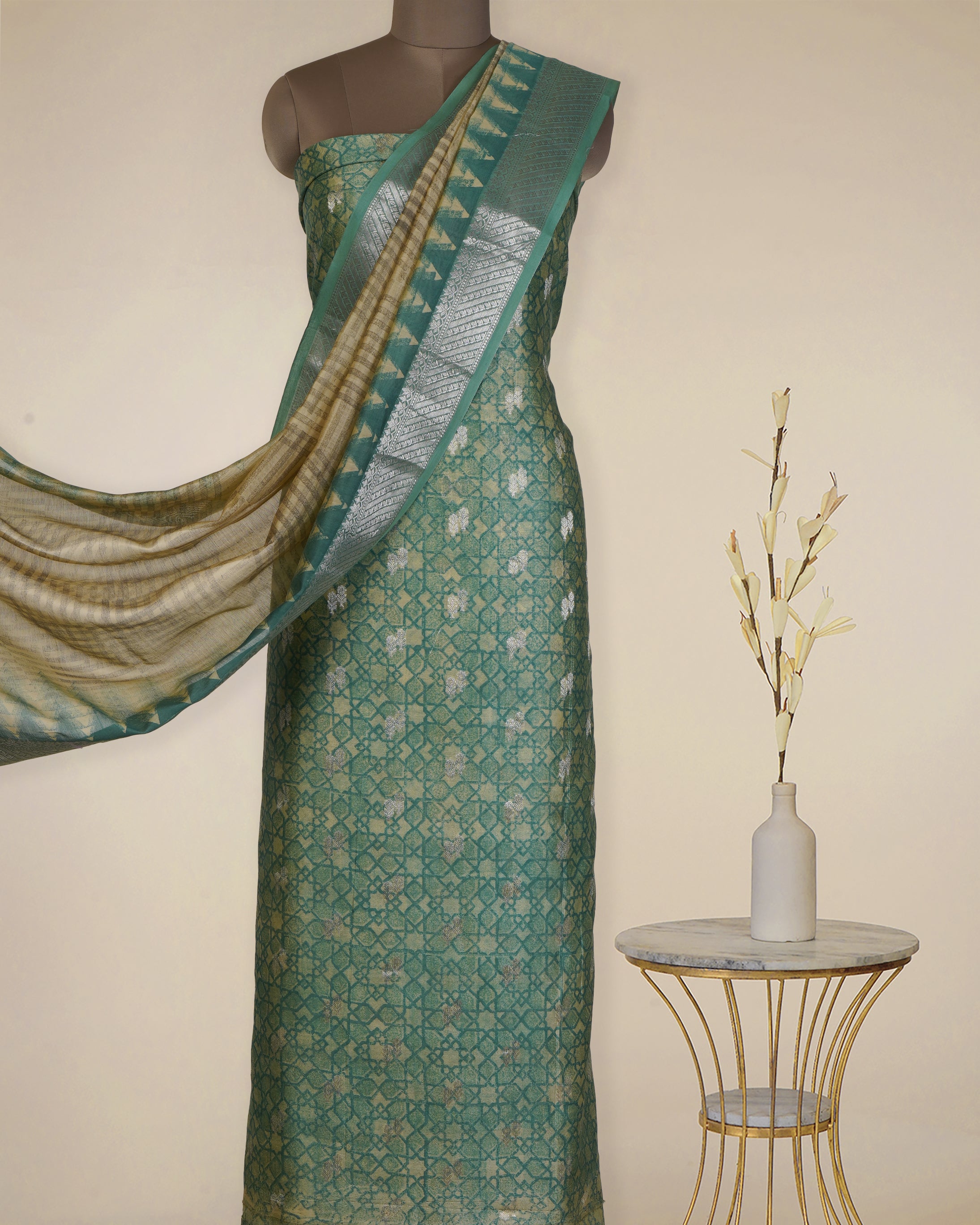 Ocean Floor-Beige Geometric Pattern Fancy Handwoven Chanderi Unstitched Suit Set (Top & Dupatta)