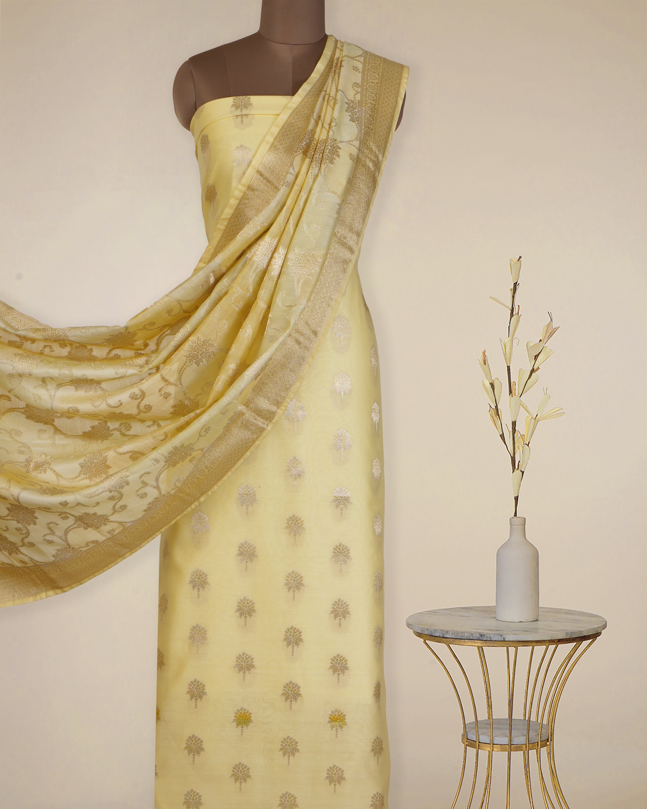 Pineapple Slice-Gold All Over Pattern Fancy Handwoven Chanderi Unstitched Suit Set (Top & Dupatta)