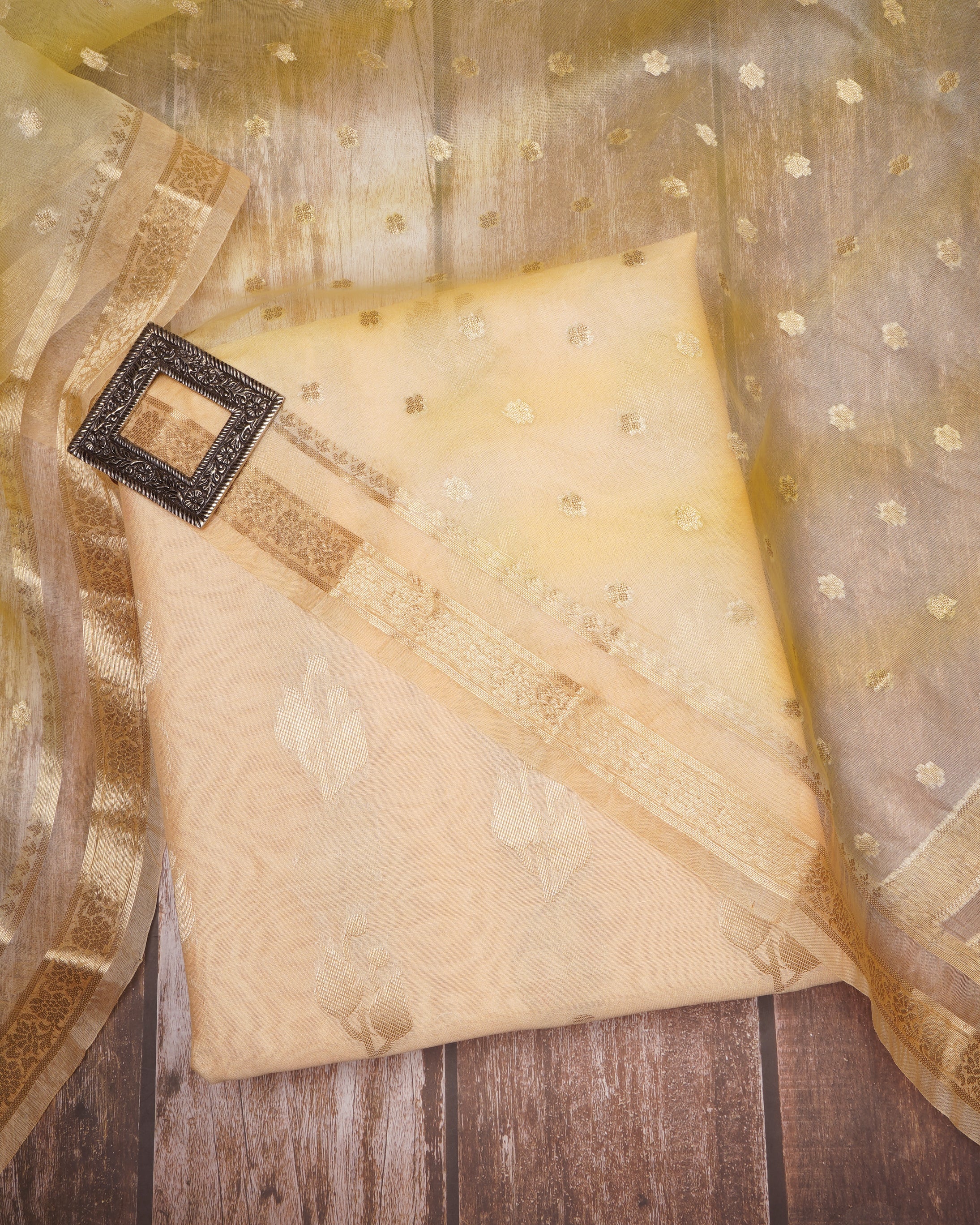 Apricot Cream-Yellow All Over Pattern Fancy Handwoven Chanderi Unstitched Suit Set (Top & Dupatta)