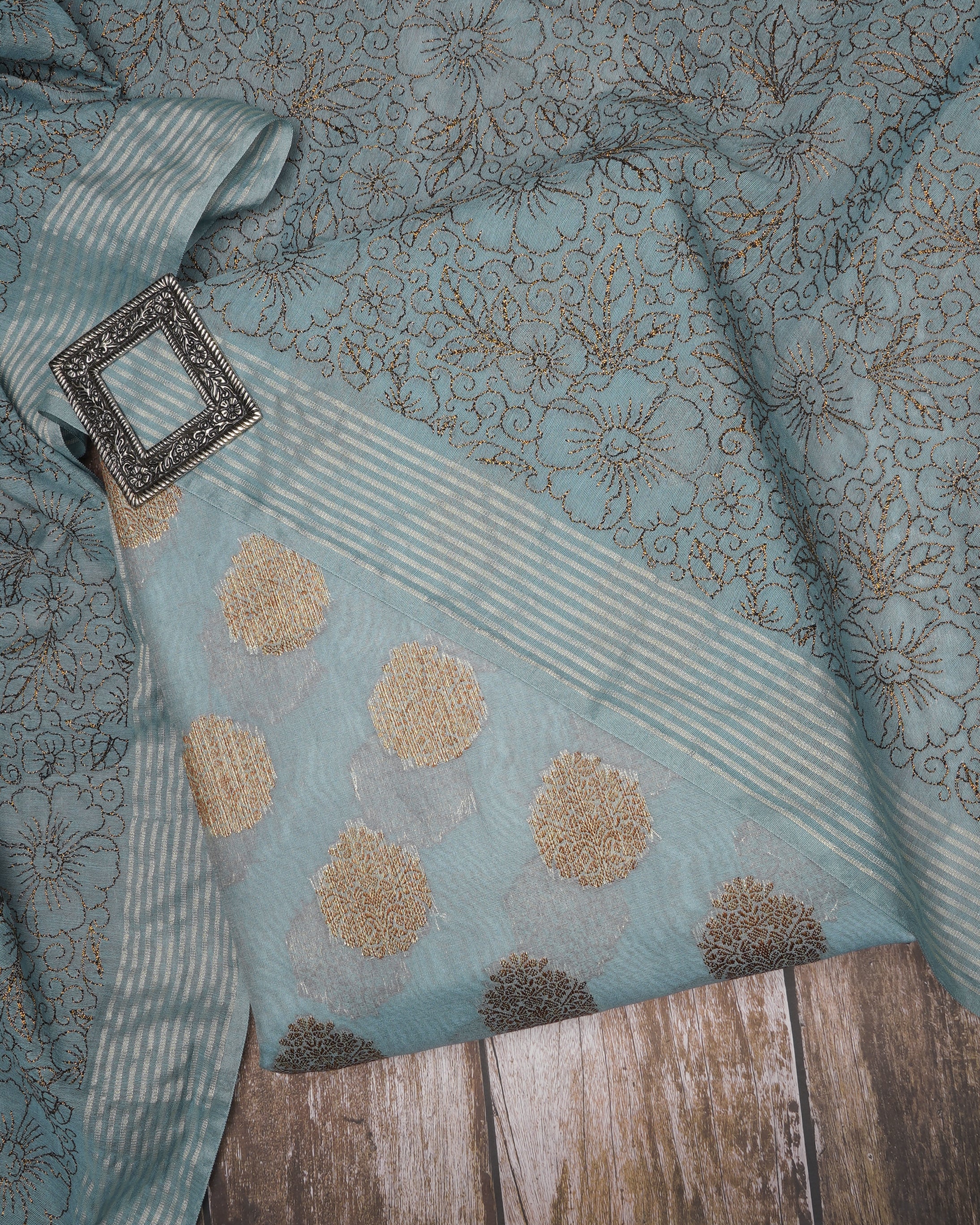 Aqua Esque-Gold All Over Pattern Fancy Handwoven Chanderi Unstitched Suit Set (Top & Dupatta)