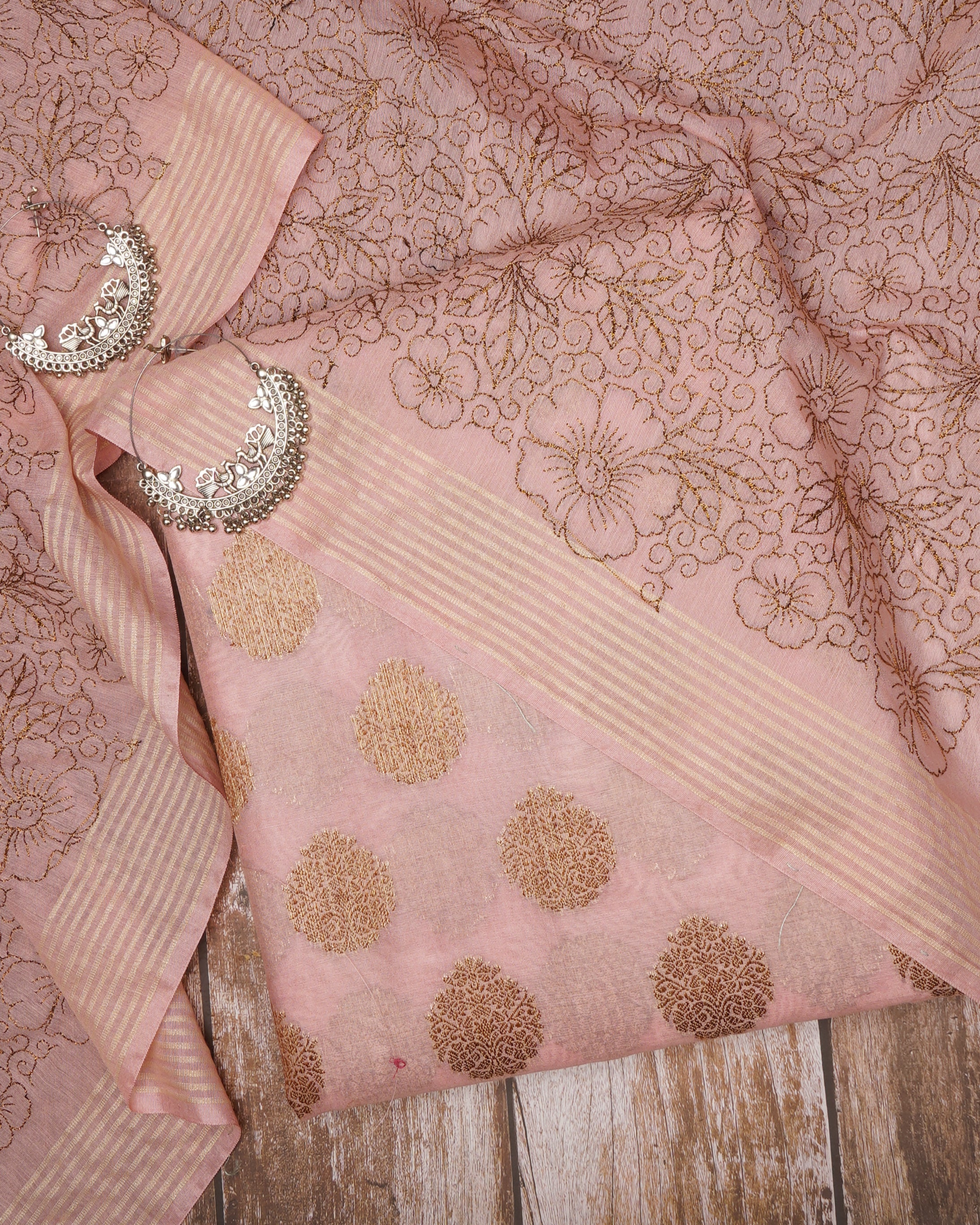 Pink Lcing-Gold All Over Pattern Fancy Handwoven Chanderi Unstitched Suit Set (Top & Dupatta)