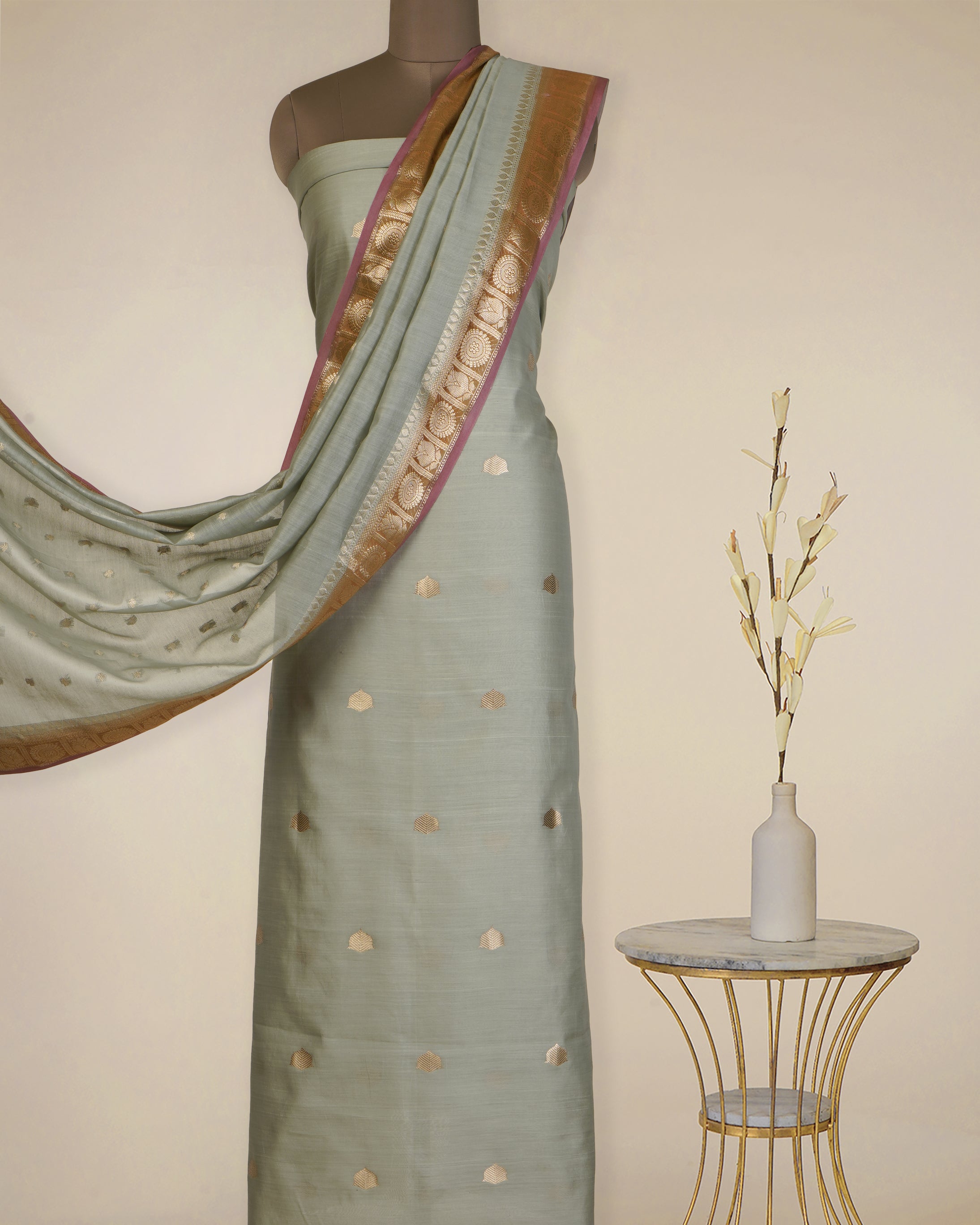 Dried Sage-Gold Booti Pattern Fancy Handwoven Chanderi Unstitched Suit Set (Top & Dupatta)