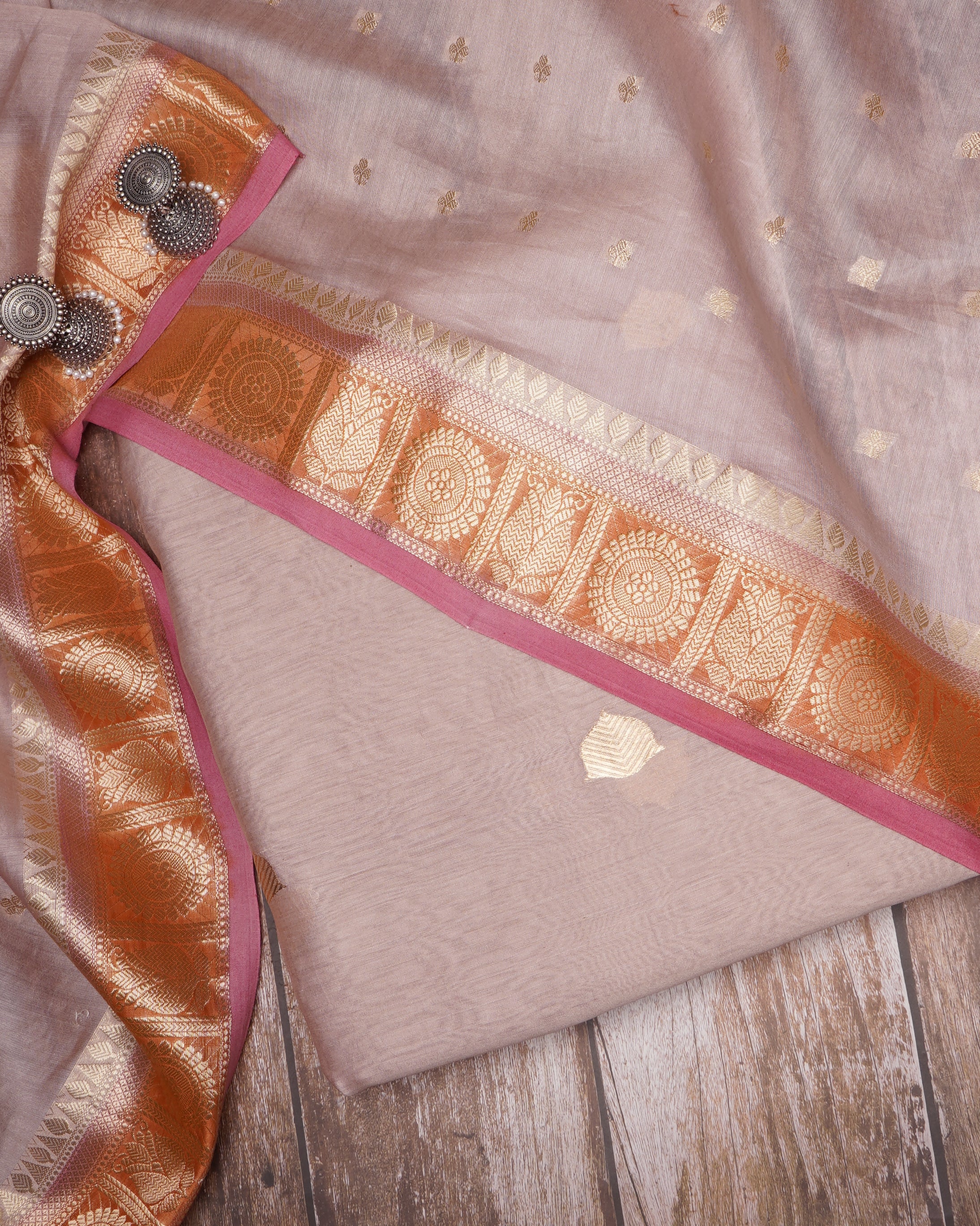 Sepia Rose-Gold Booti Pattern Fancy Handwoven Chanderi Unstitched Suit Set (Top & Dupatta)